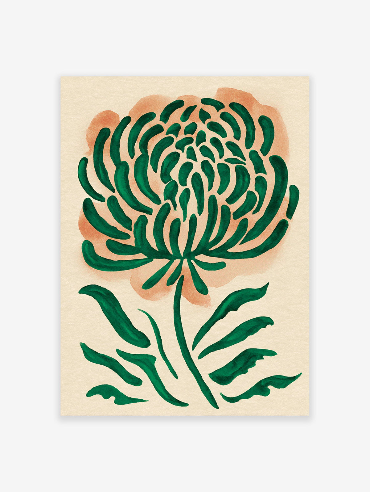 Modern green botanical wall art featuring a watercolor illustration of a stylized flower on an orange background.