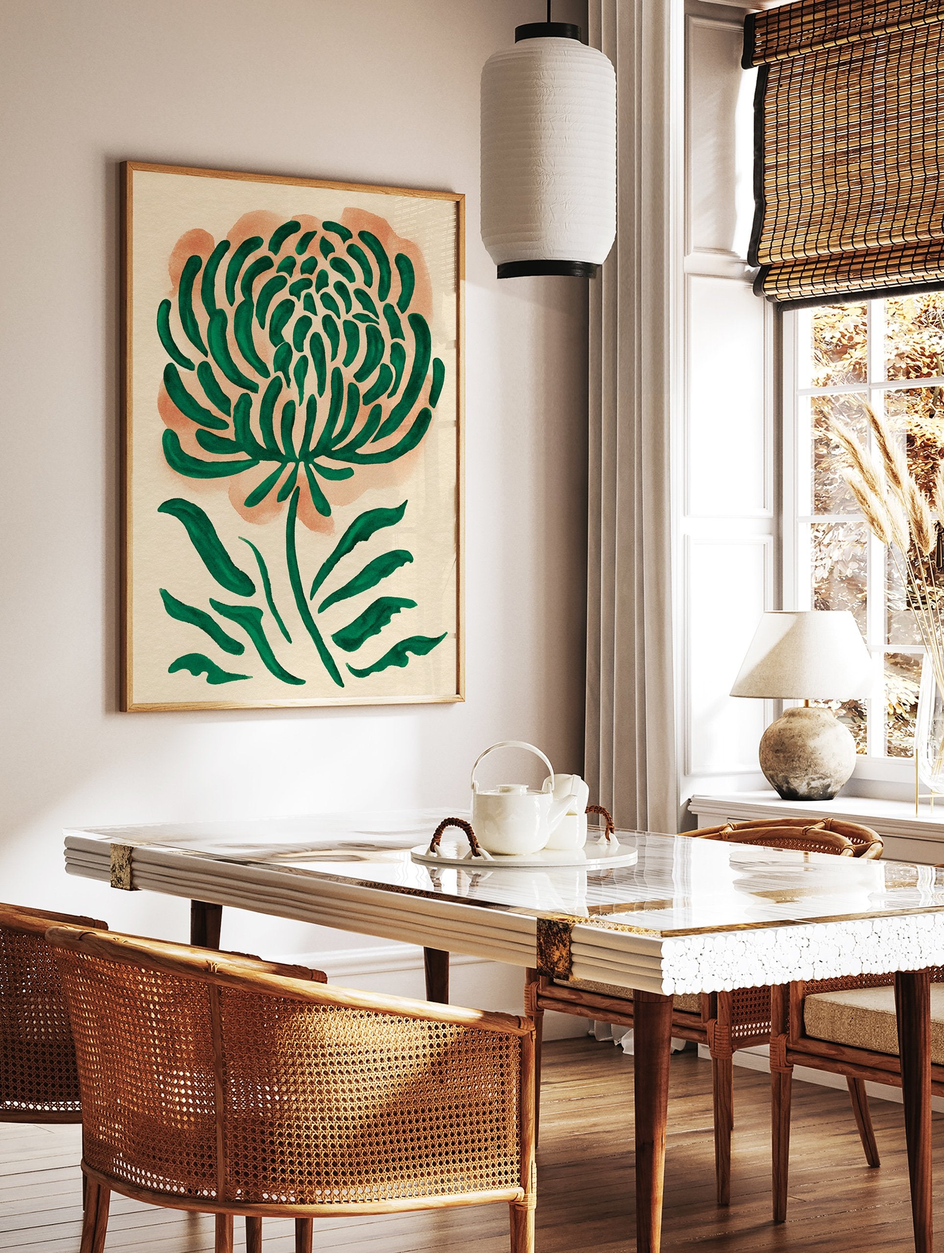 Modern green botanical wall art featuring a watercolor illustration of a stylized flower on an orange background. - Image 2