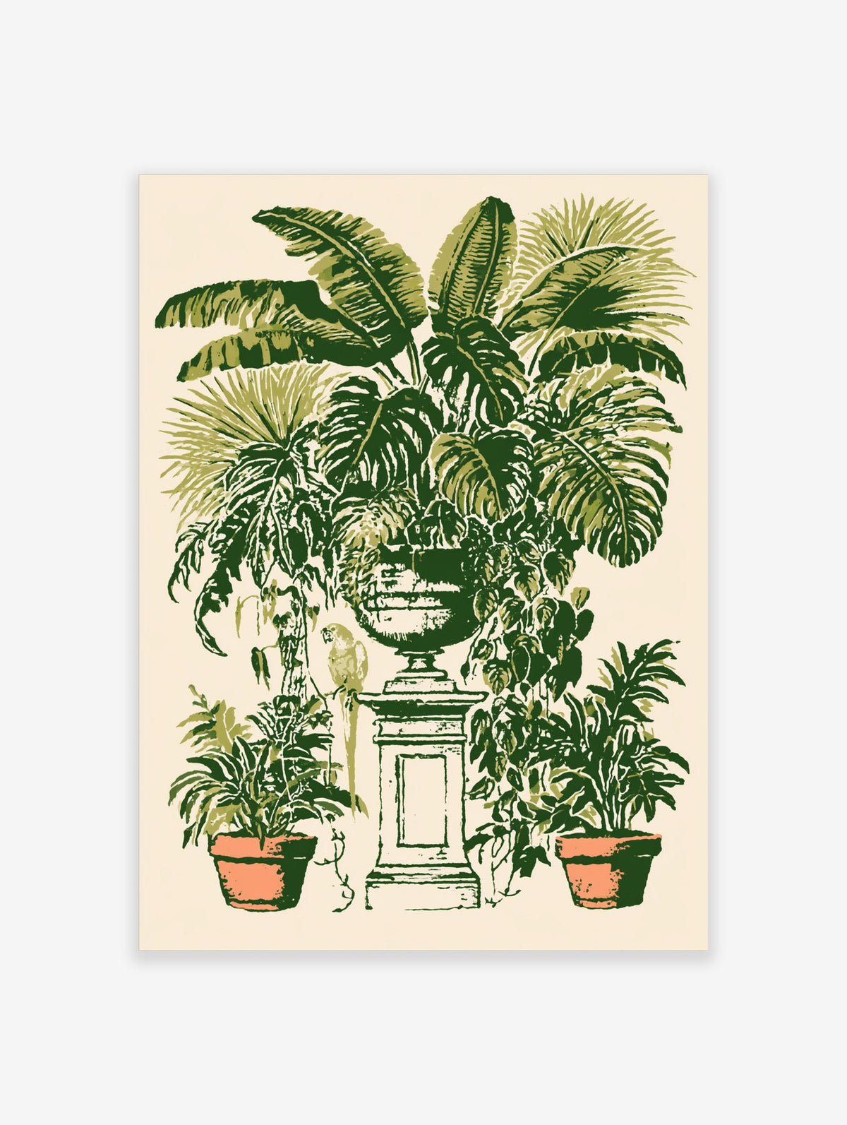 Green botanical art print of monstera, palm and fern in an urn with a parrot and terracotta pots