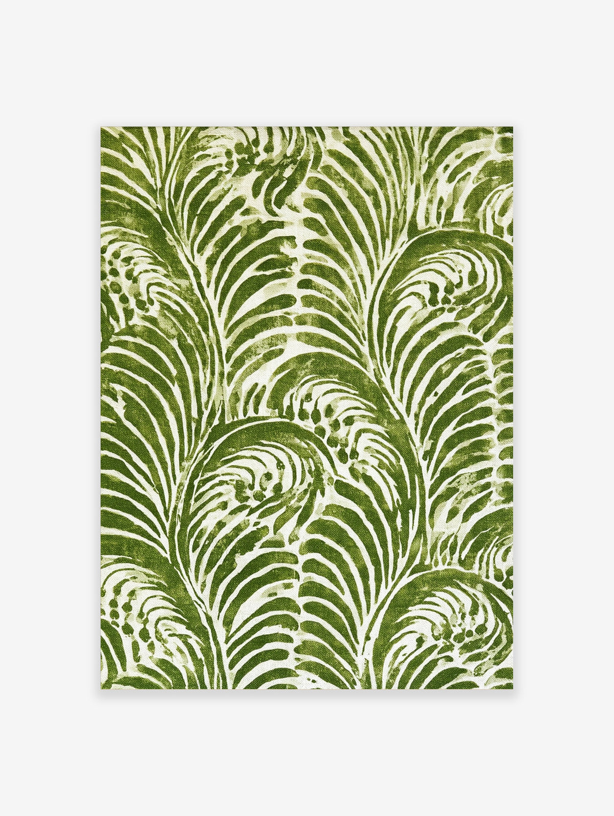 Green monstera leaf pattern art print with swirling fronds on cream background