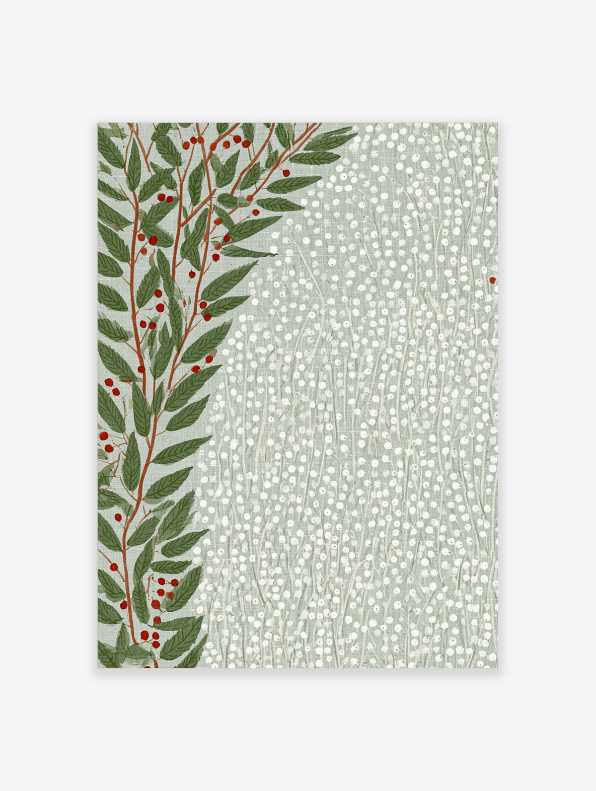 Green botanical branch with red berries and white dotted pattern on pale green background art print