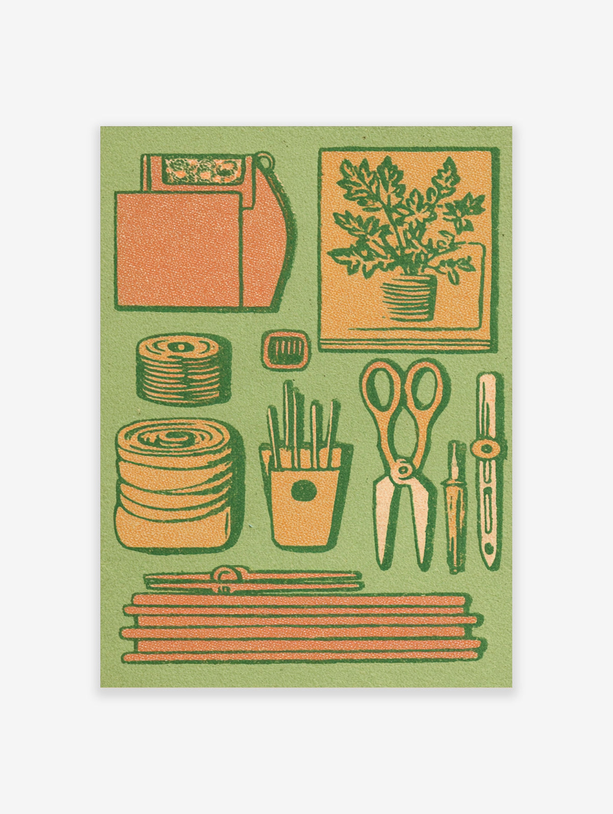 Green botanical wall art print with stacked plant pots, scissors, and orange retro illustration