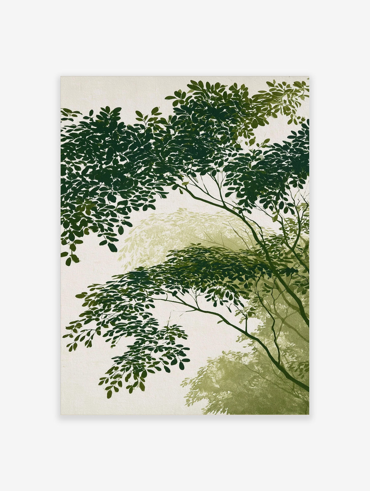 Green botanical art print of layered tree leaves on cream background