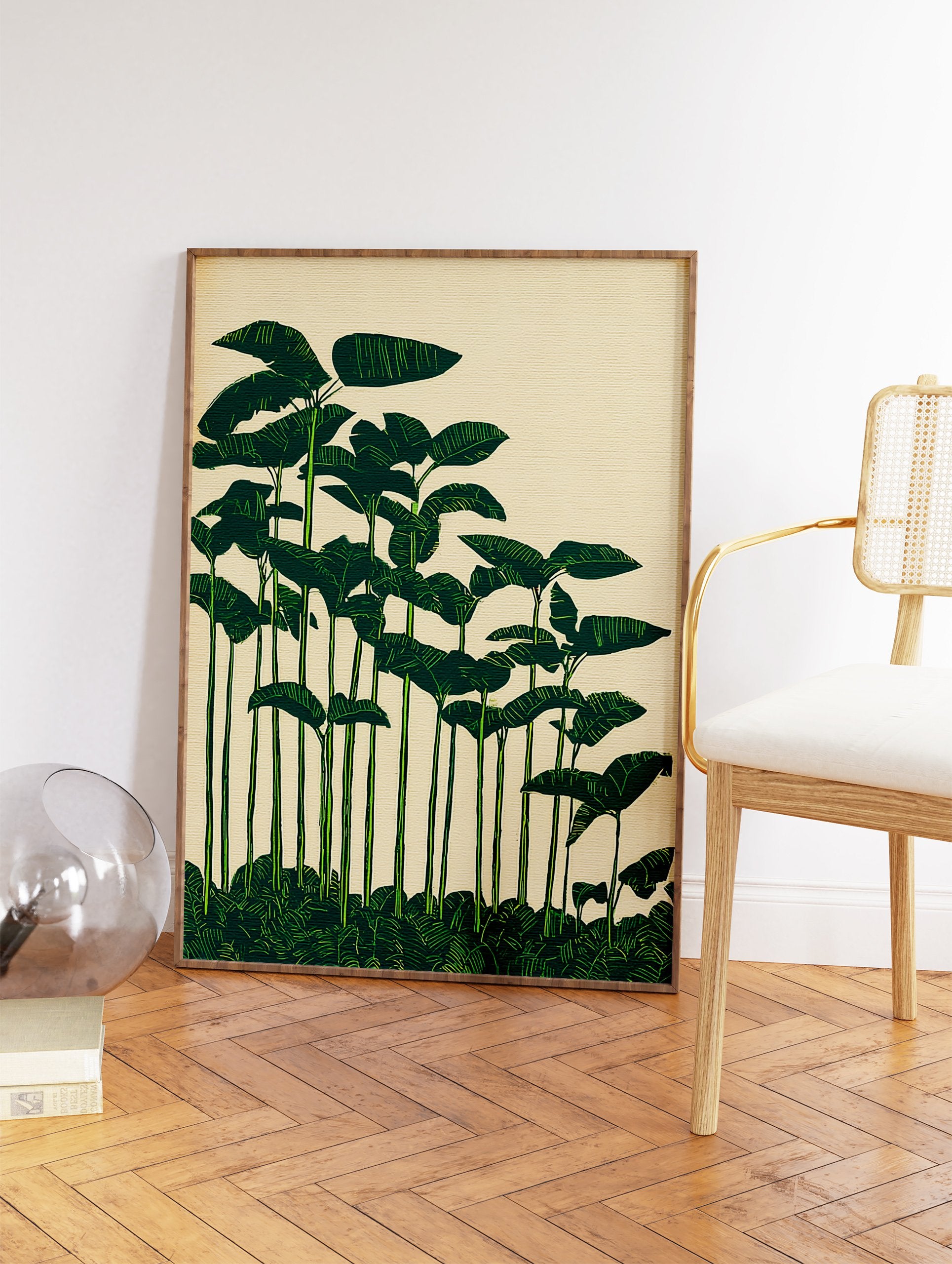 Green botanical wall art print featuring tall tropical leaves in an illustrative style against a light beige background. - Image 2