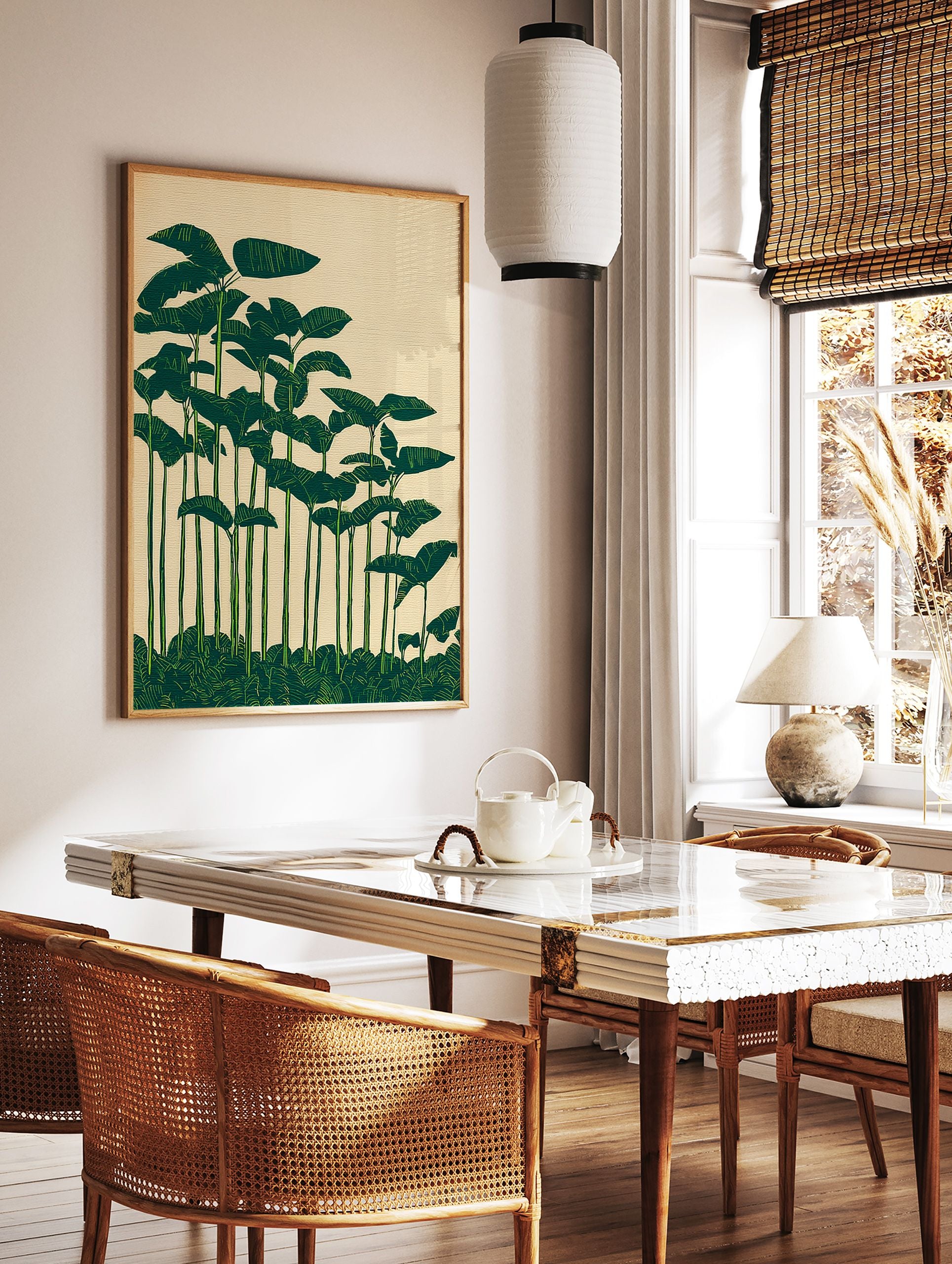 Green botanical wall art print featuring tall tropical leaves in an illustrative style against a light beige background. - Image 3