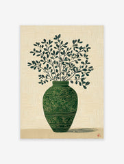 Green botanical wall art print of a vase with leafy branches on a textured light background, with a subtle shadow.
