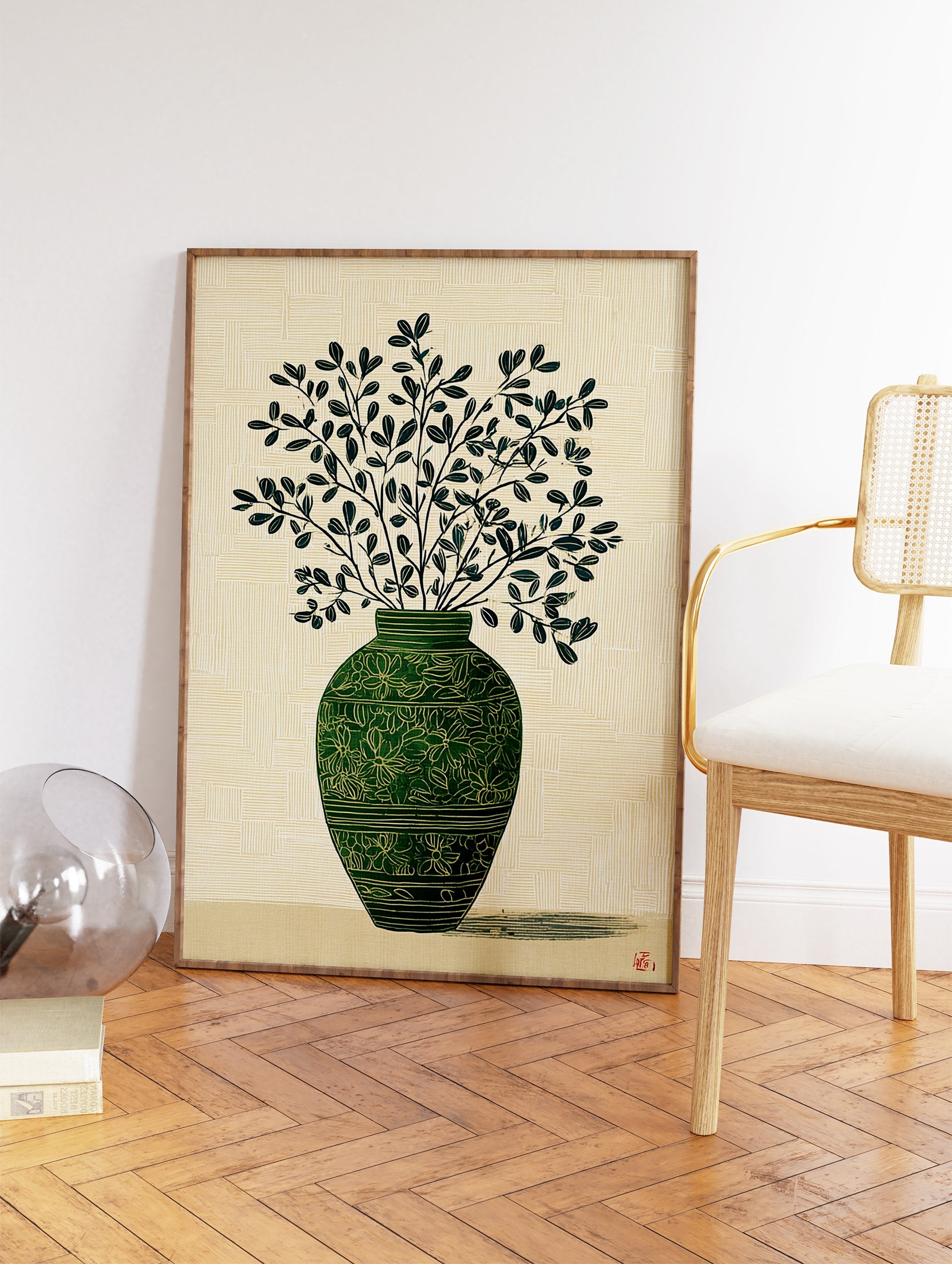 Green botanical wall art print of a vase with leafy branches on a textured light background, with a subtle shadow. - Image 2