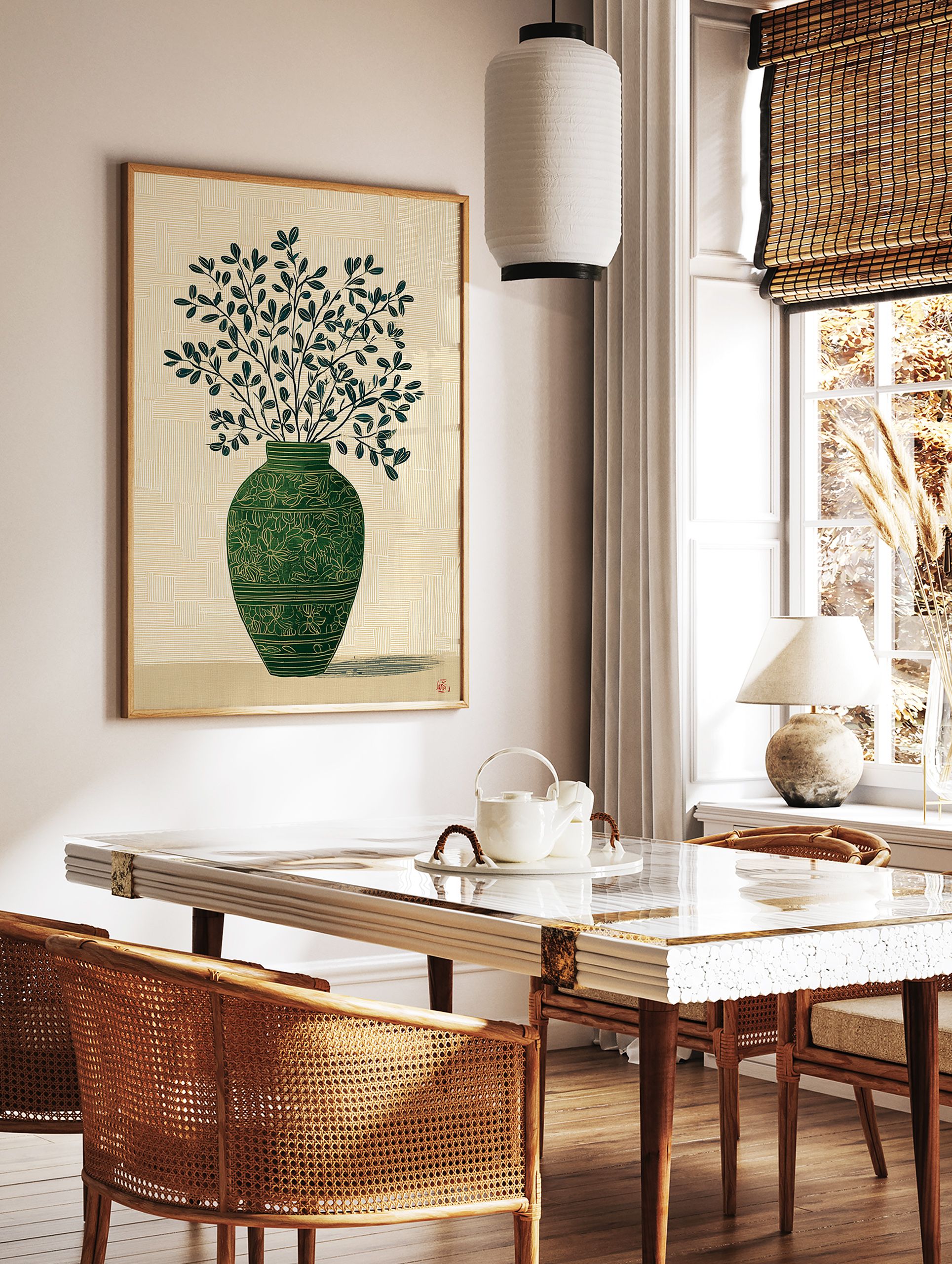 Green botanical wall art print of a vase with leafy branches on a textured light background, with a subtle shadow. - Image 3