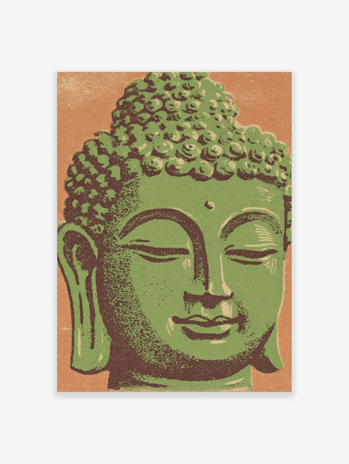 Green Buddha face with closed eyes and textured hair, retro screen-print style poster on orange background