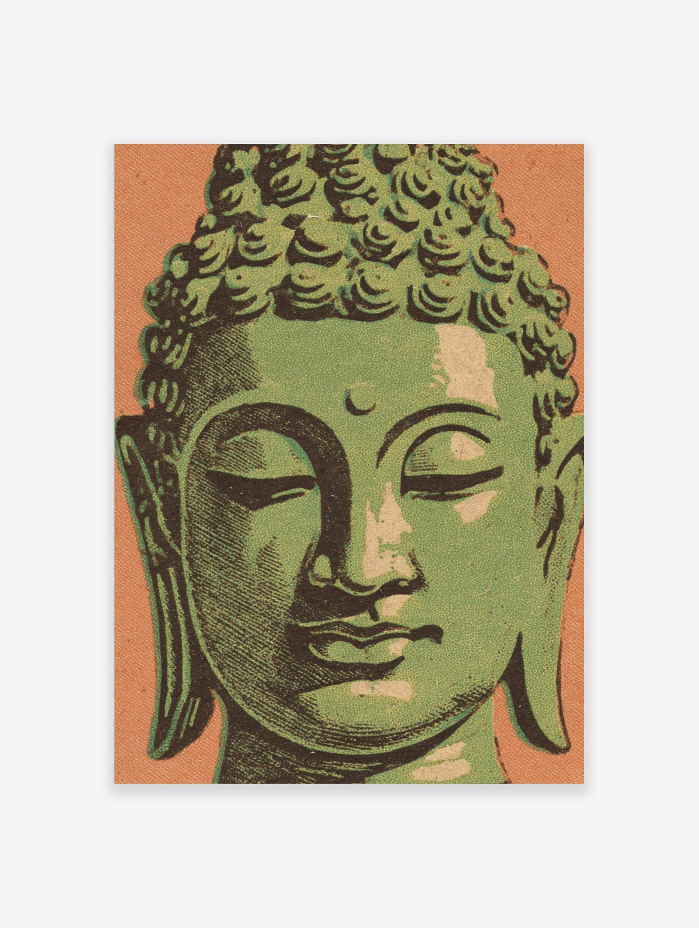 Green Buddha face illustration with closed eyes and textured hair on orange background