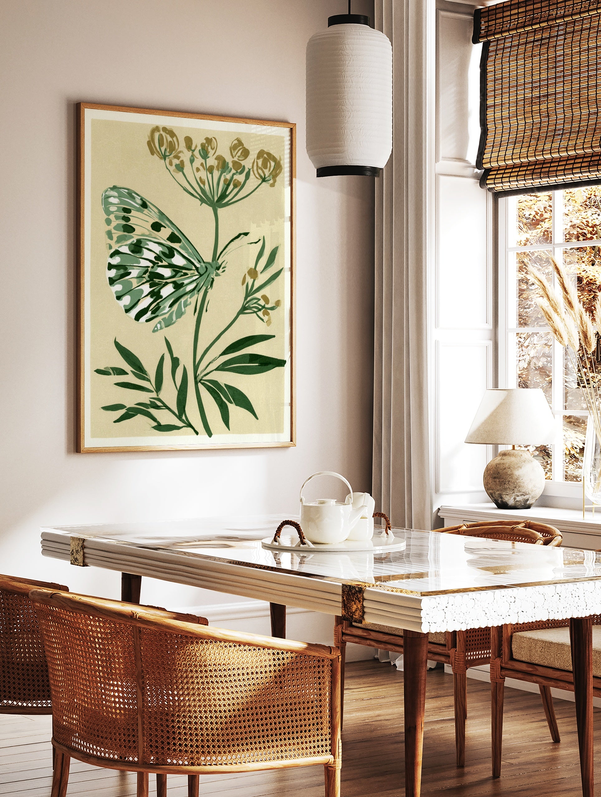 Botanical art print of a green and white butterfly resting on a dill plant against a cream, in a styled room mockup