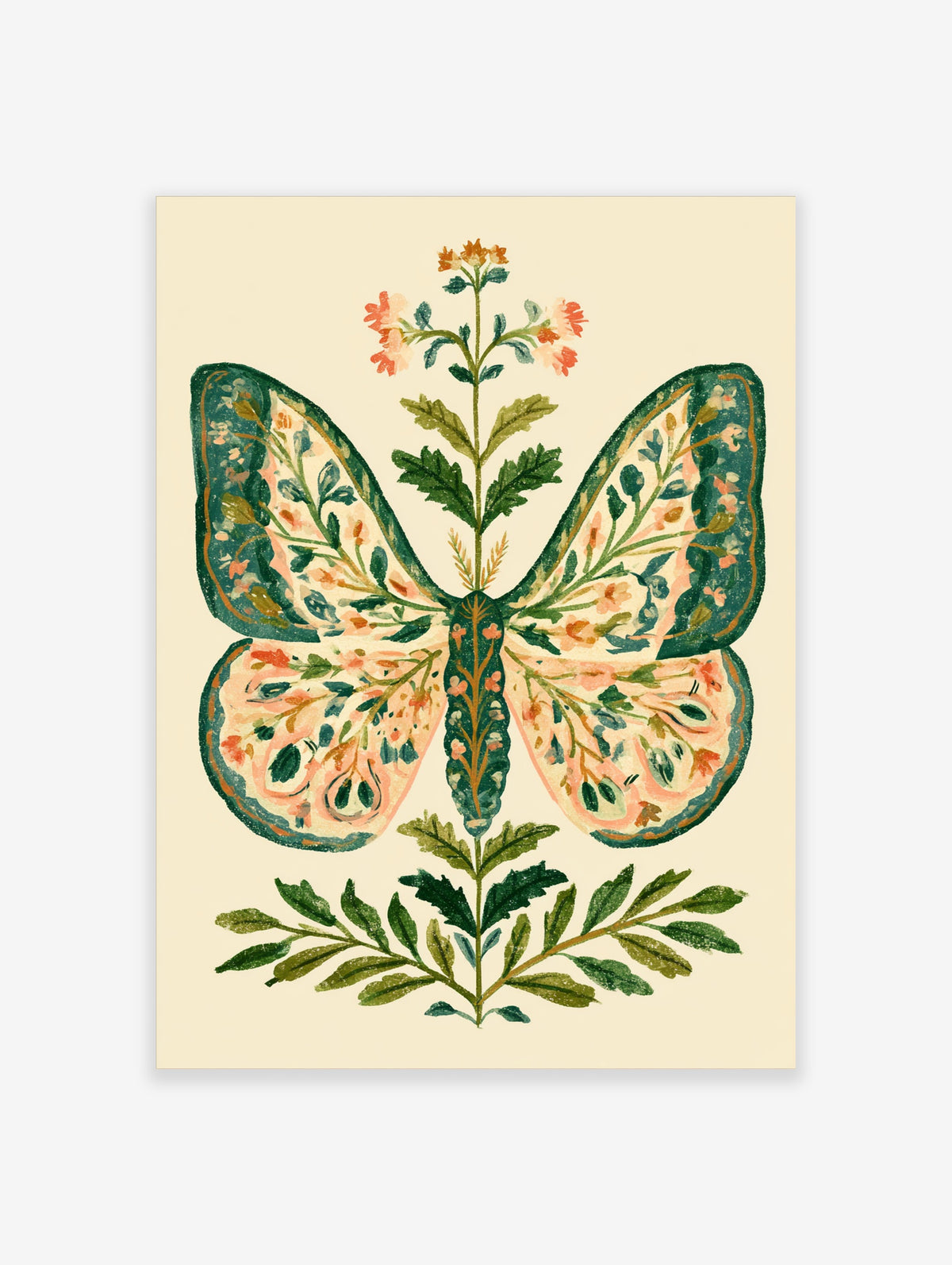 Green butterfly folk art print with pink botanical flowers and symmetrical foliage on cream background