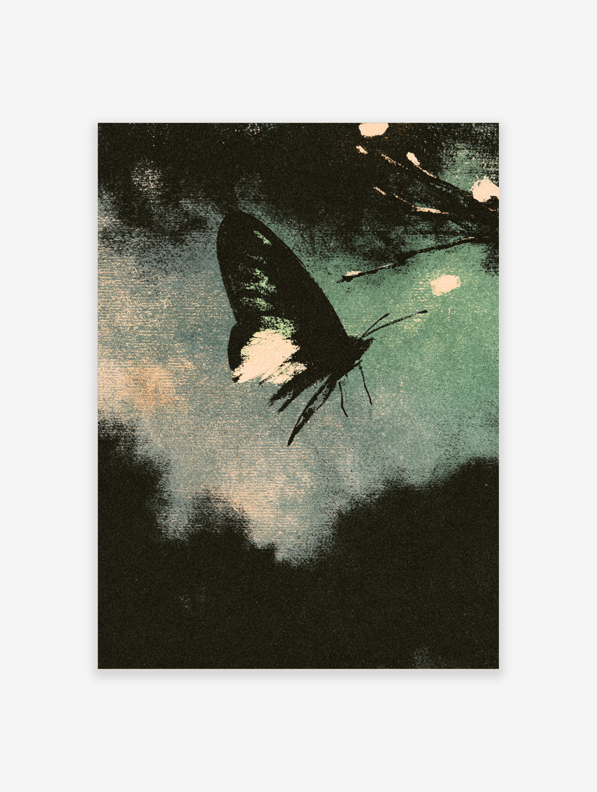 Dark butterfly silhouette with cream wing patches on a textured teal and beige background, green butterfly wall art print