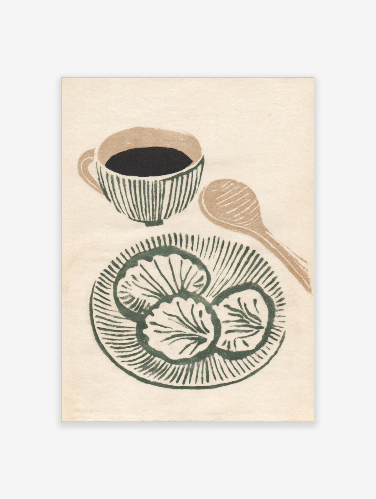 Green cabbage and coffee cup poster with striped bowl, spoon, and leafy plate on beige background