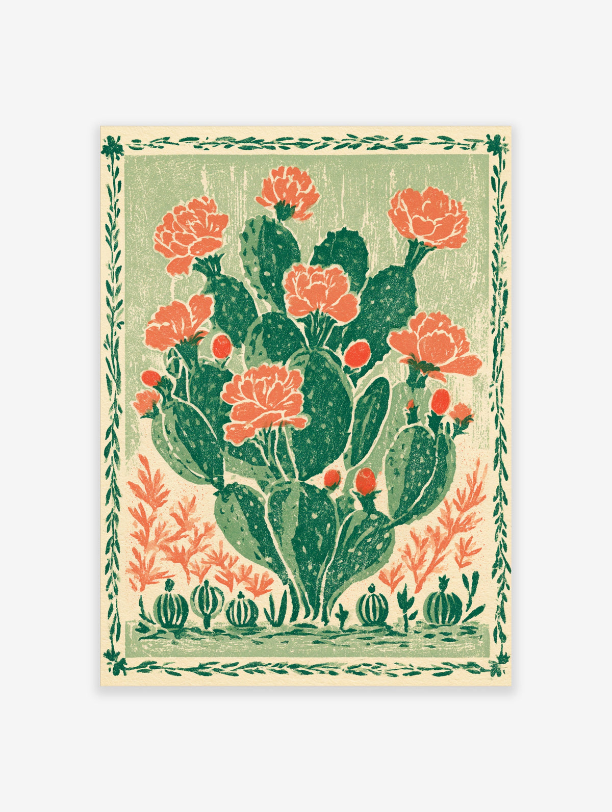 Green cactus flower poster with coral blooms, prickly pear pads, and vine border on pale green ground