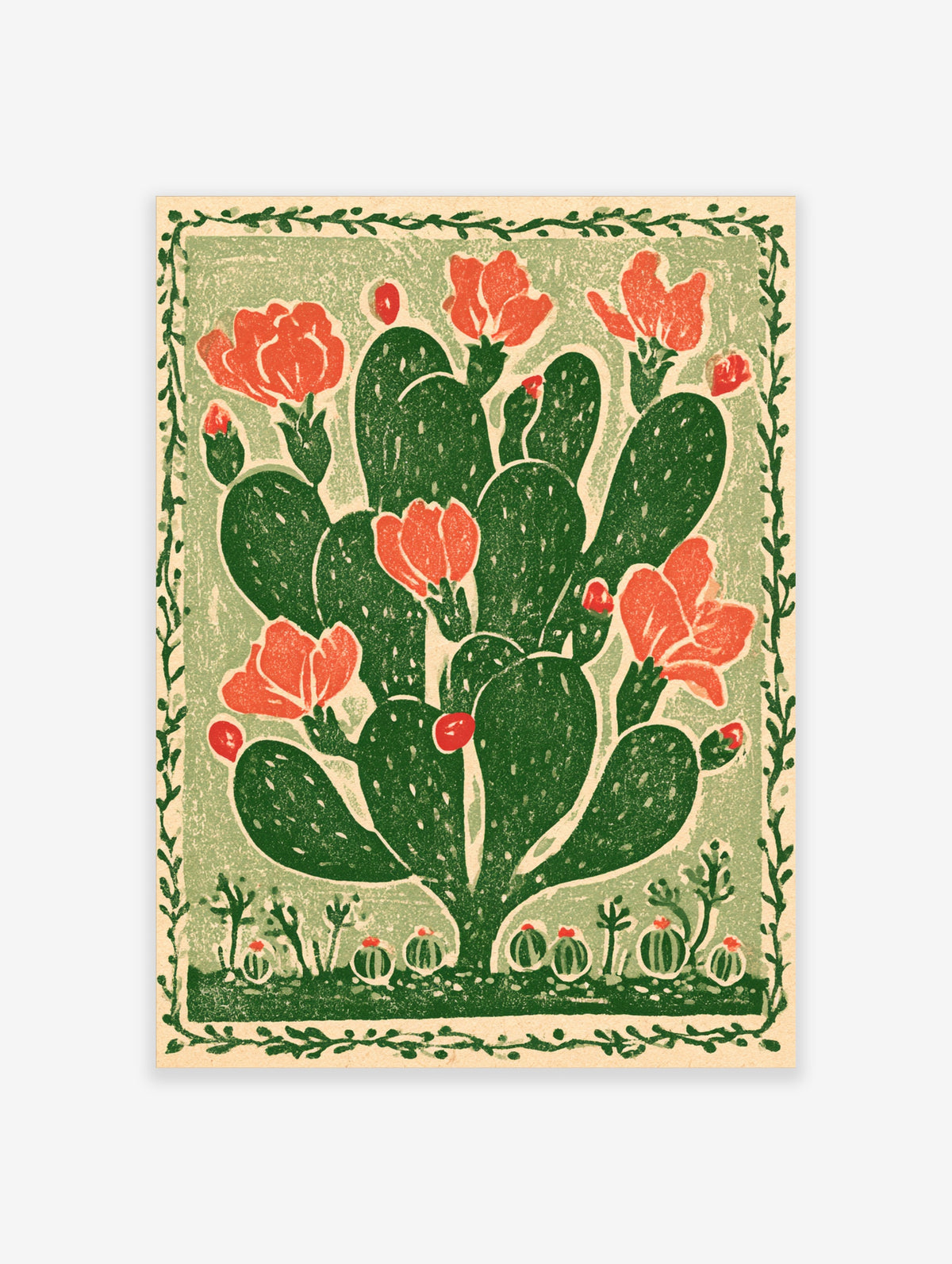 Green prickly pear cactus with red flowers and vine border, block-print style poster