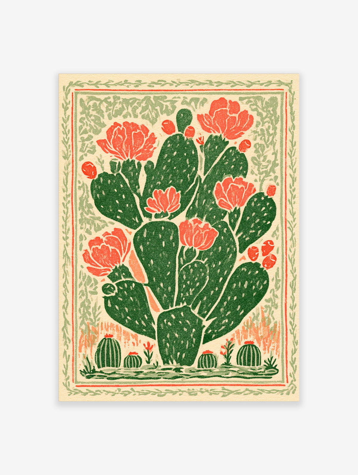 Green prickly pear cactus with red flowers and small barrel cacti, framed by a decorative border