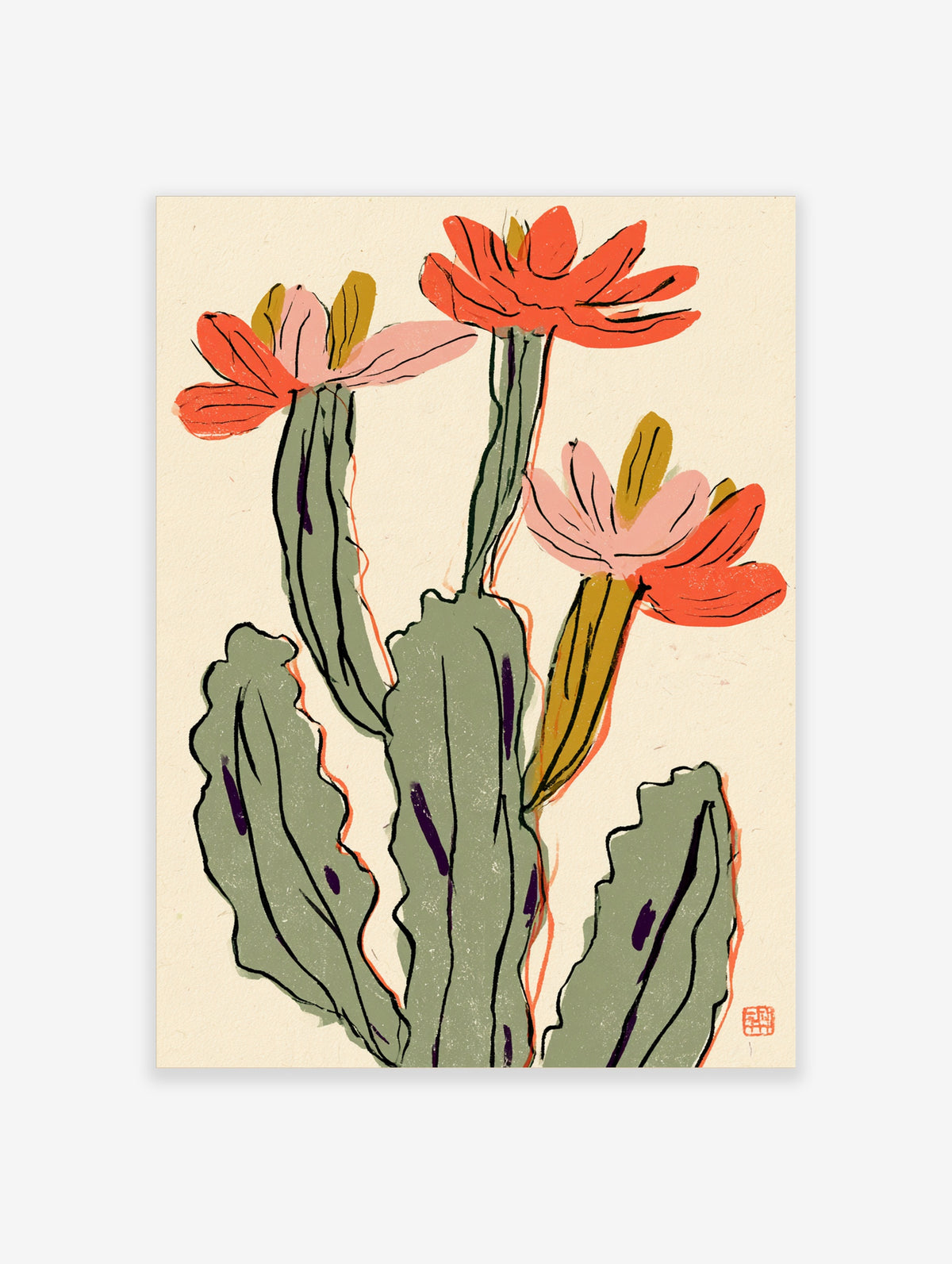 Green cactus with three red and pink flowers on ribbed stems against a cream background