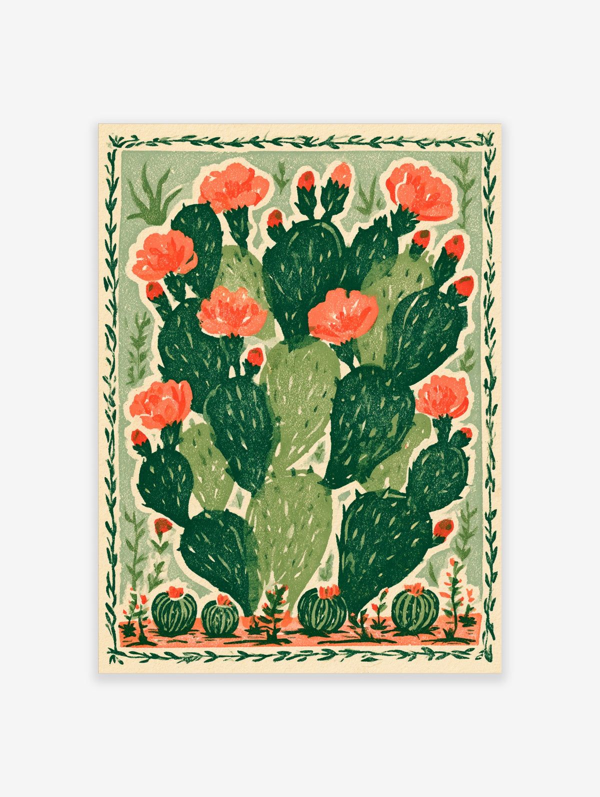 Green cactus poster with red flowers and barrel cacti, vine border, botanical art print