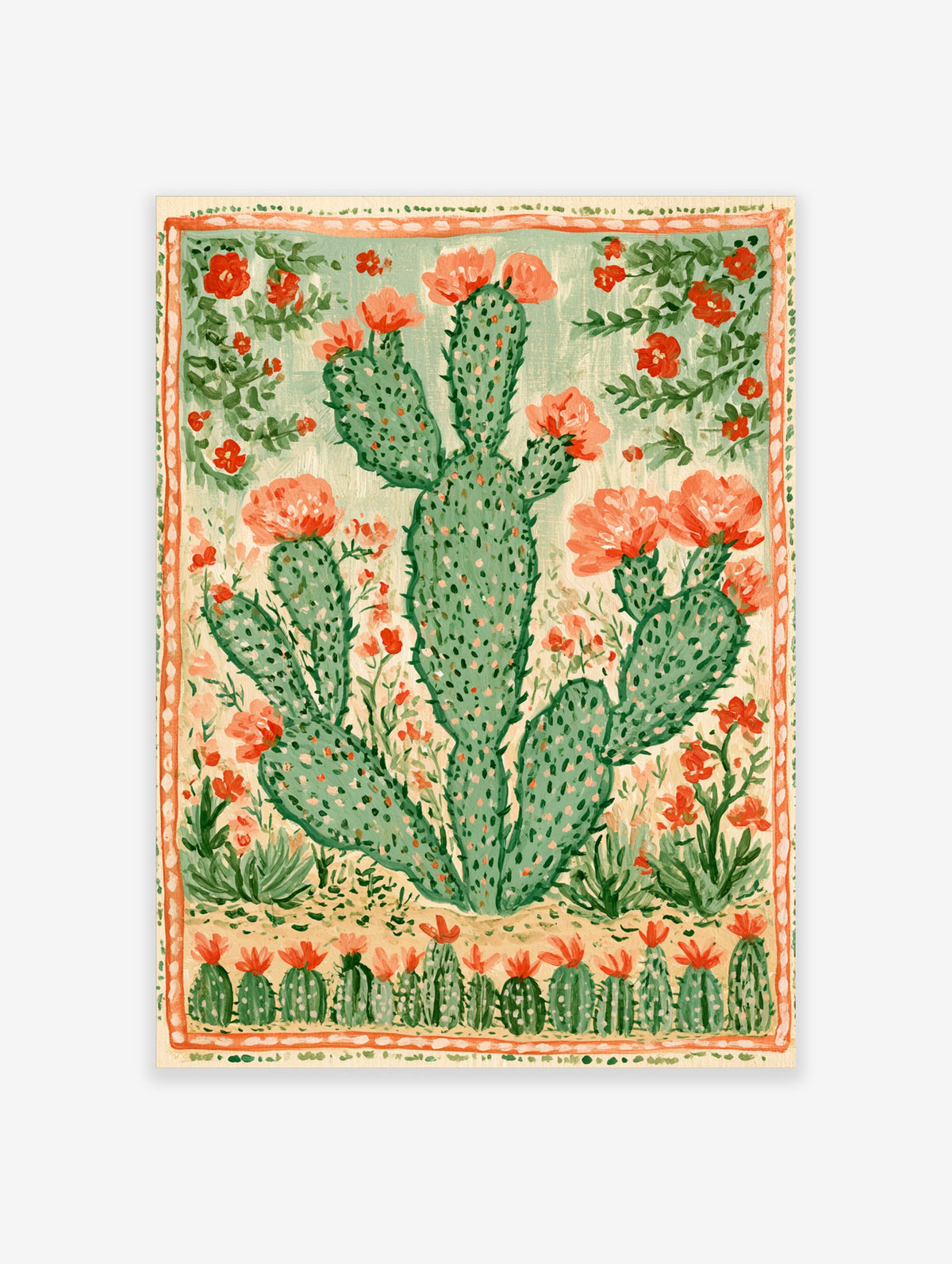 Green prickly pear cactus with orange flowers and hand-painted border on beige background