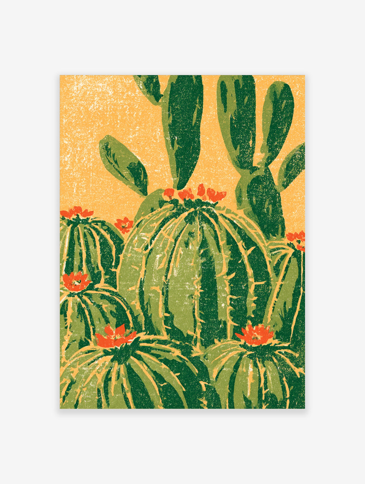 Green cactus art print with flowering barrel cacti and tall saguaro on yellow background