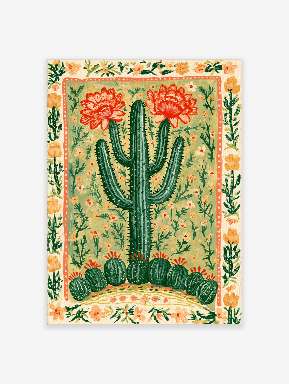 Green cactus botanical art print with red flowers and prickly pear details on cream background