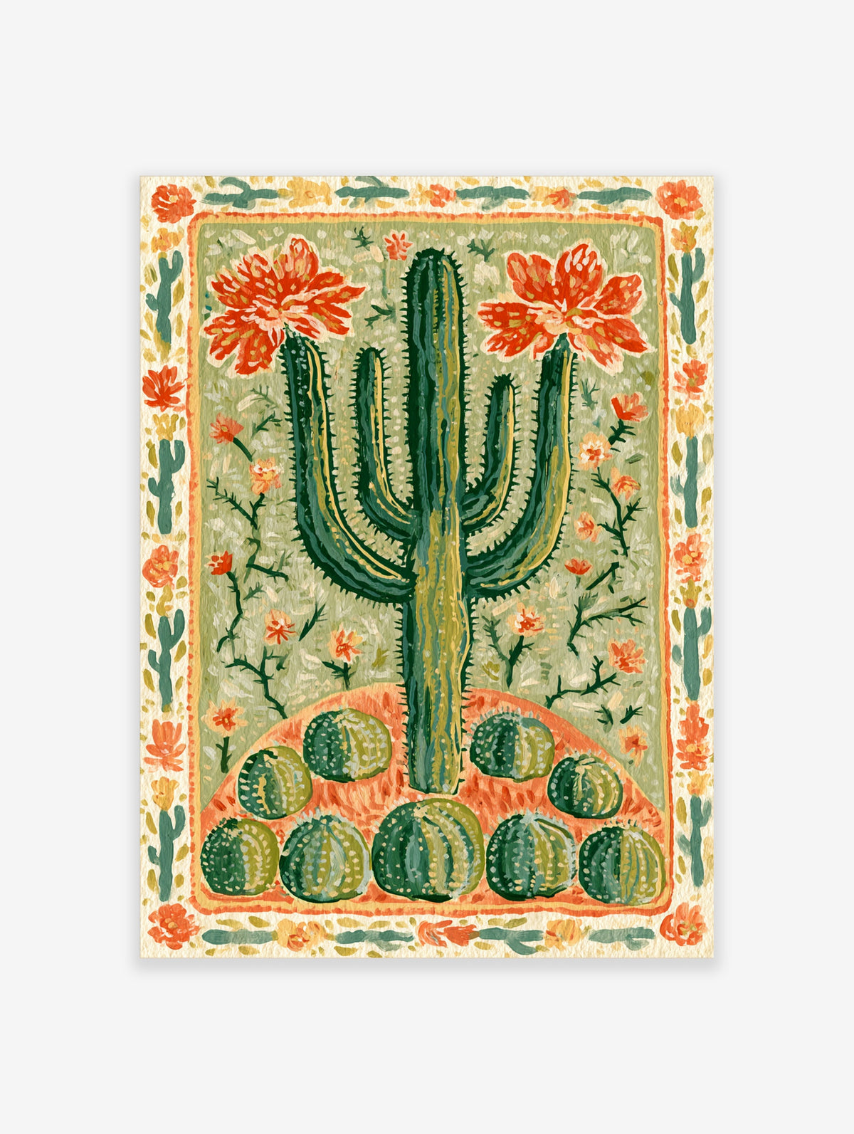 Green cactus art print with tall saguaro, red flowers, and round succulents on patterned border