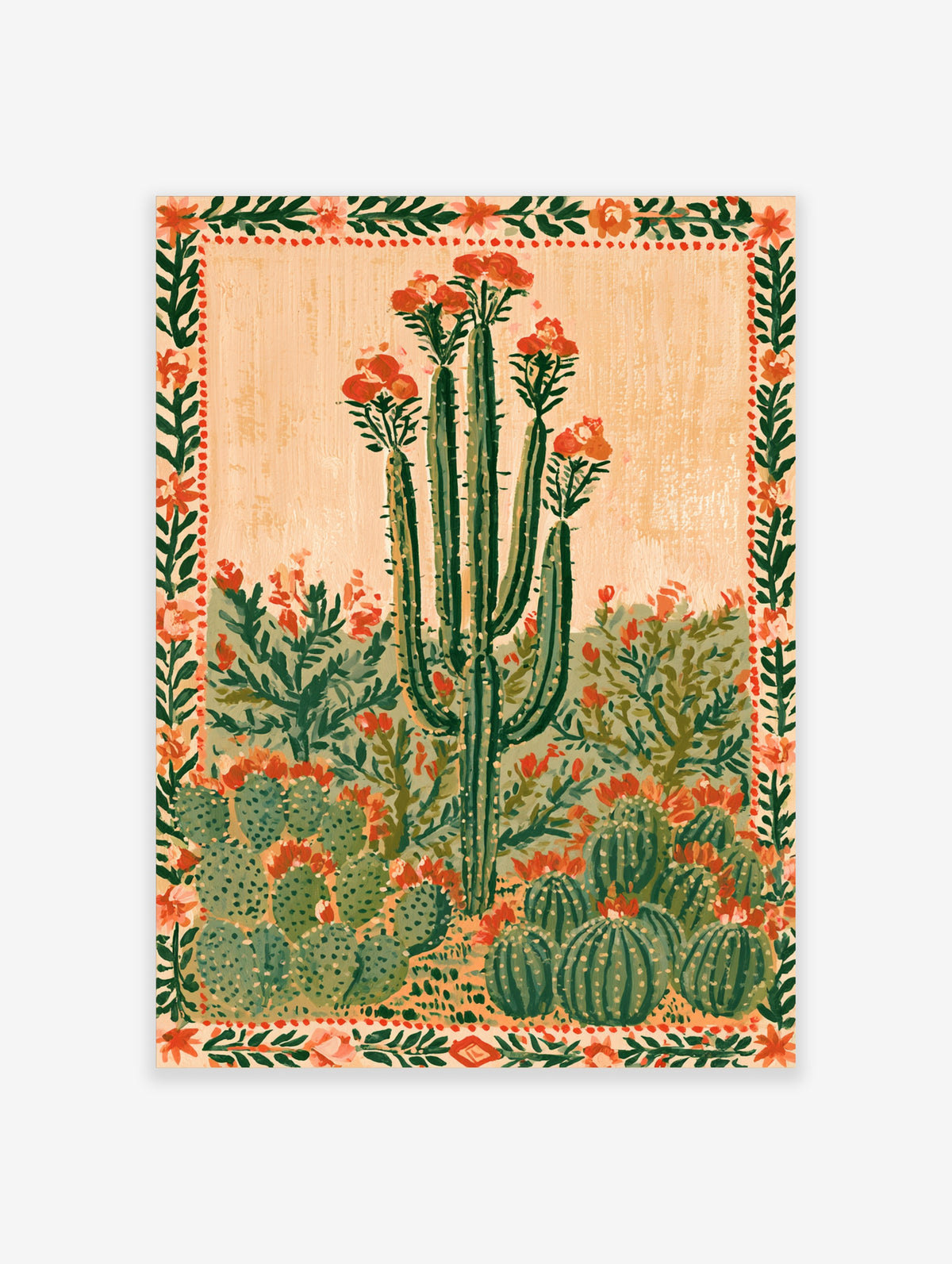 Green cactus art print with tall saguaro, red flowers, and decorative border on peach background
