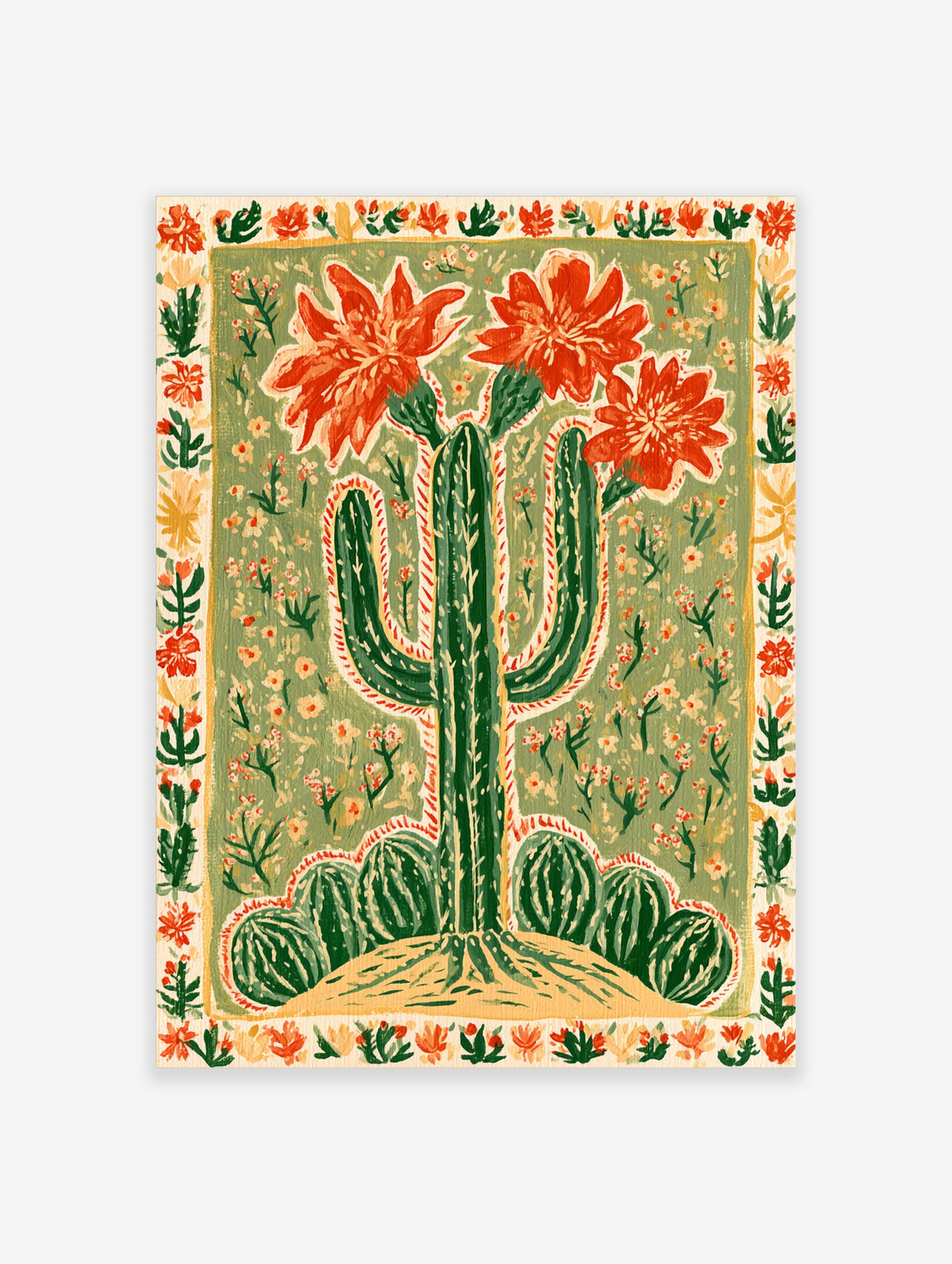 Green cactus with red flowers and barrel cacti on a green patterned background art print