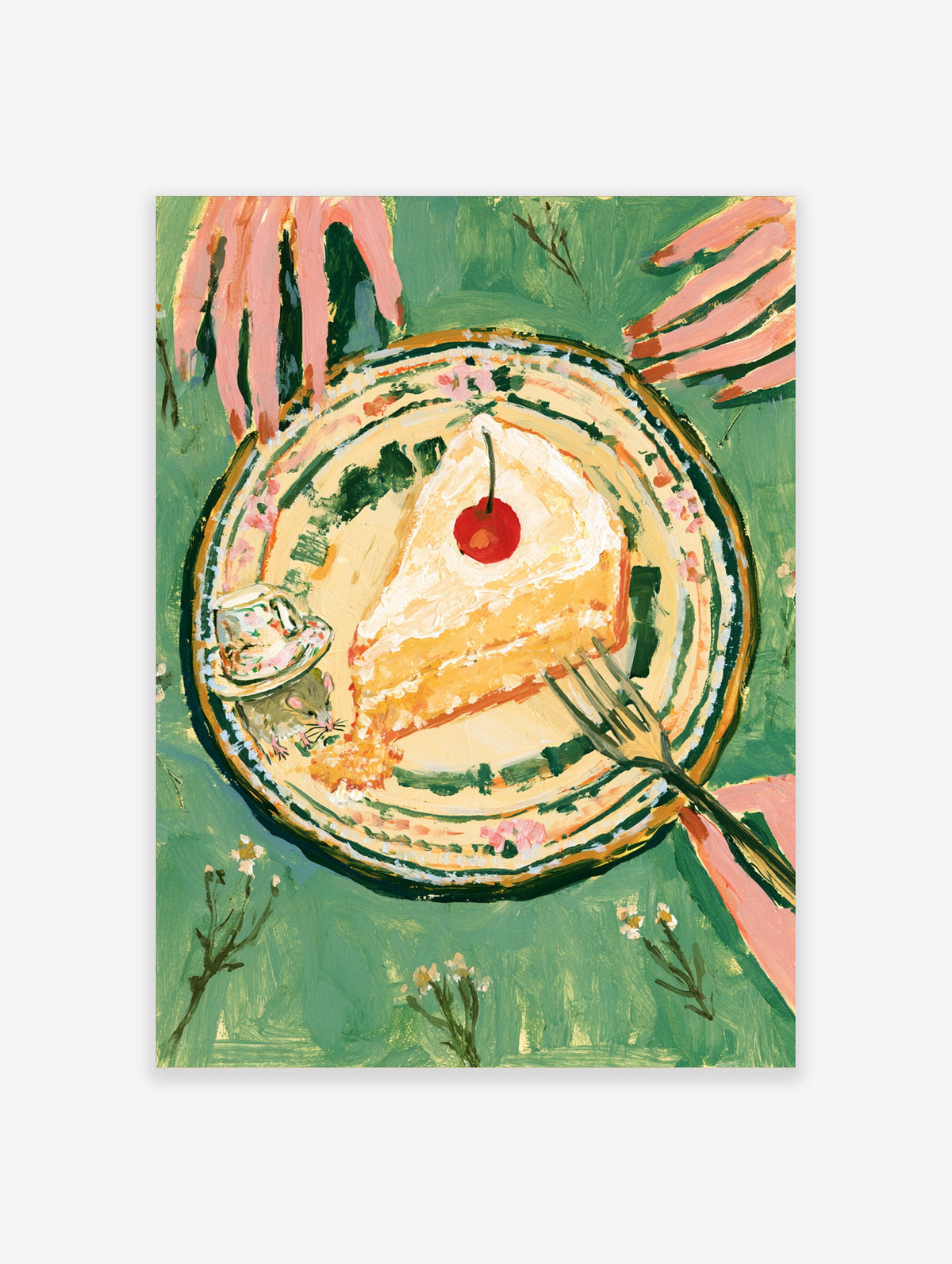 Green cake poster with frosted slice, red cherry, mouse and fork on a floral plate