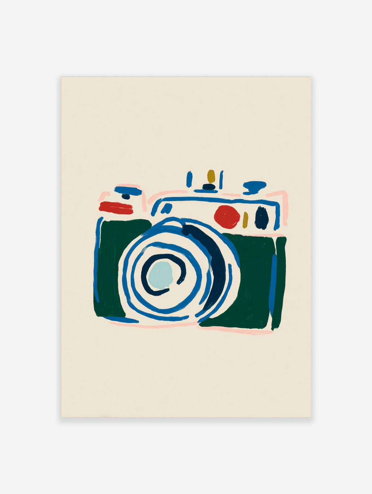 Green and blue camera poster with a large circular lens and red shutter button on a cream background