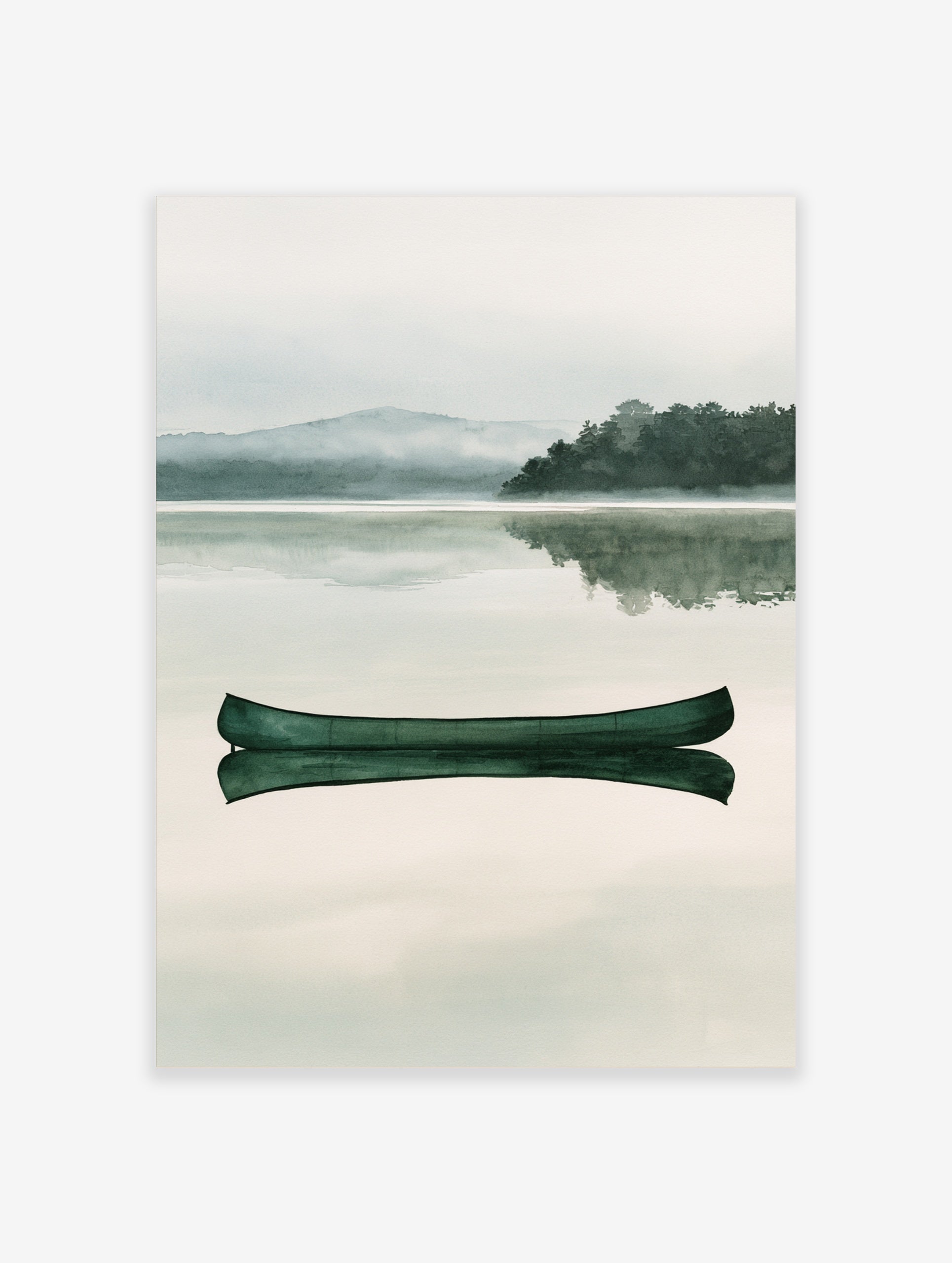 Green canoe floating on a calm, misty lake with a mountain and forest background in a watercolour style art print