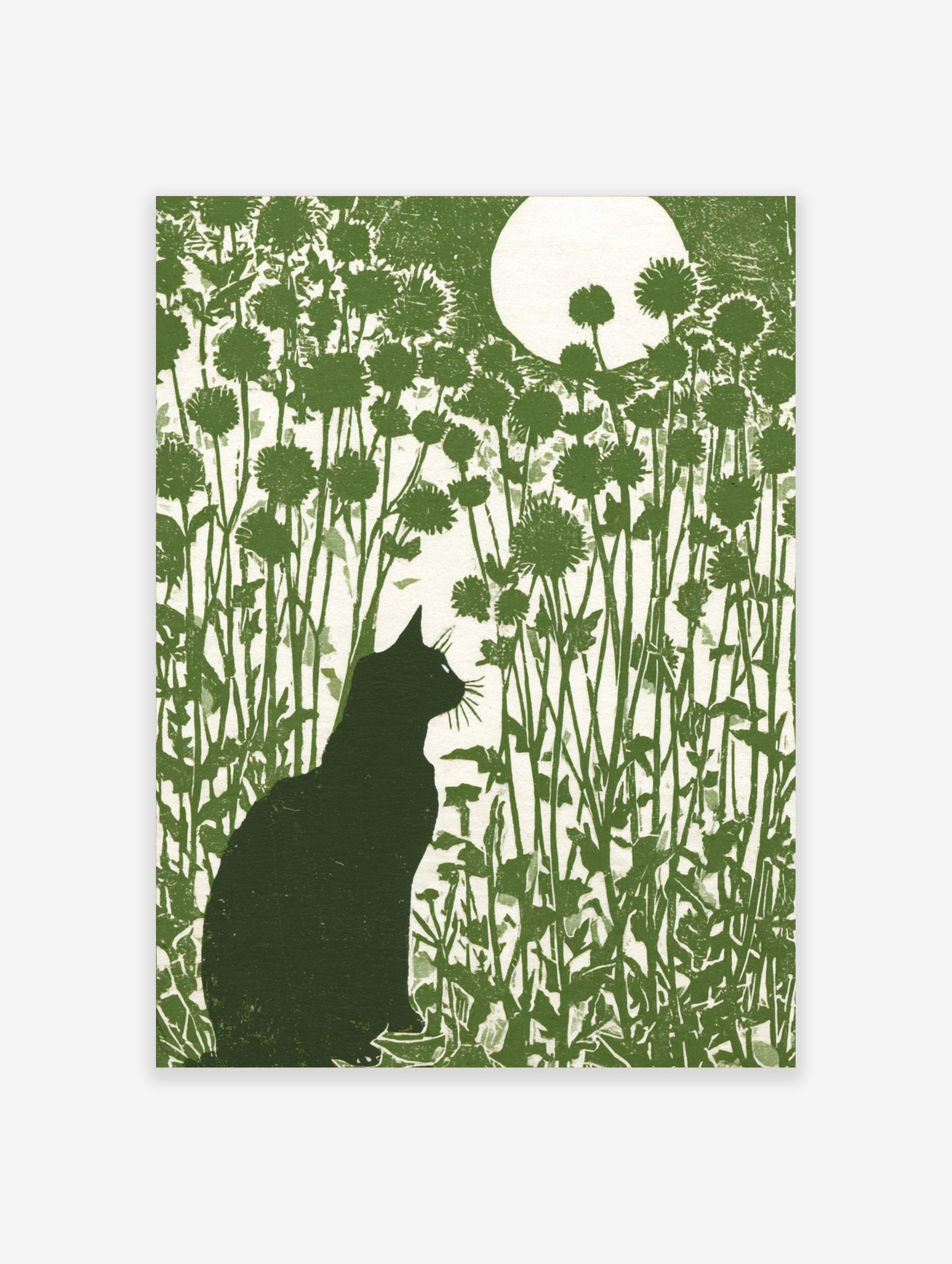 Green linocut style art print of a black cat, tall flowers, and a full moon