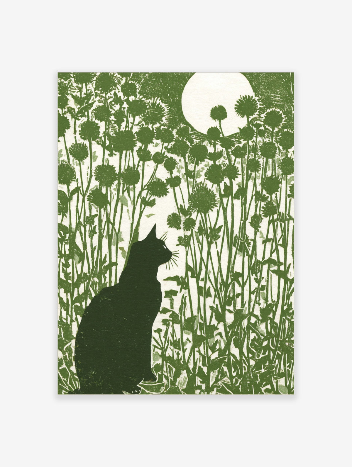 Green linocut style art print of a black cat, tall flowers, and a full moon