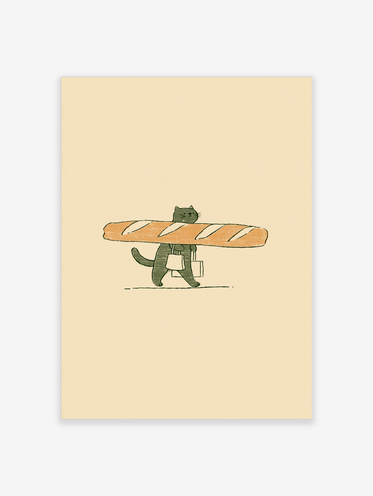 Green cat illustration carrying a baguette across its face and two shopping bags on a cream background