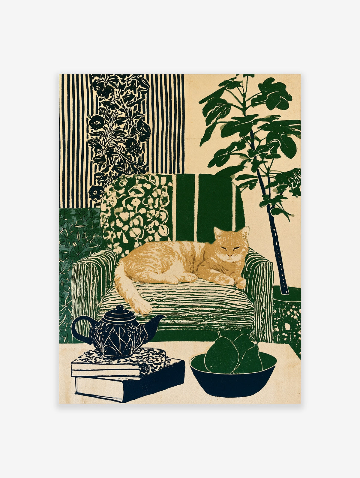 Green cat poster with ginger cat on striped armchair, teapot, books, pears and fig tree