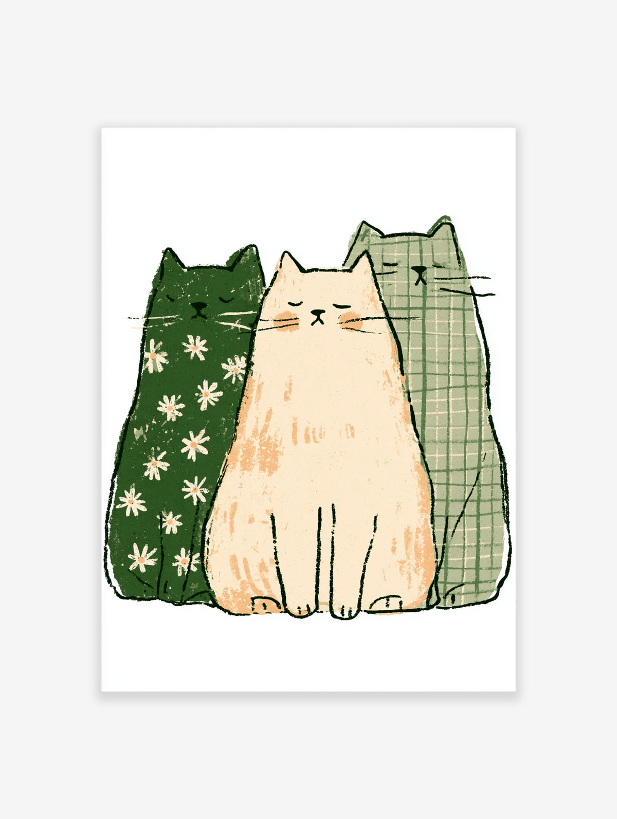 Green cat poster with three stylised cats in floral, plain and plaid patterns