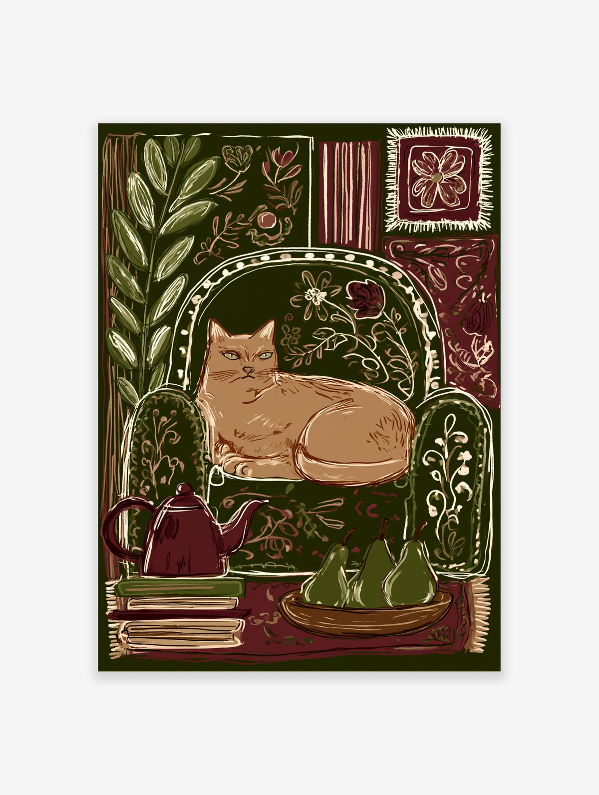 Green cat art print with tan cat on floral armchair, teapot, books and pears