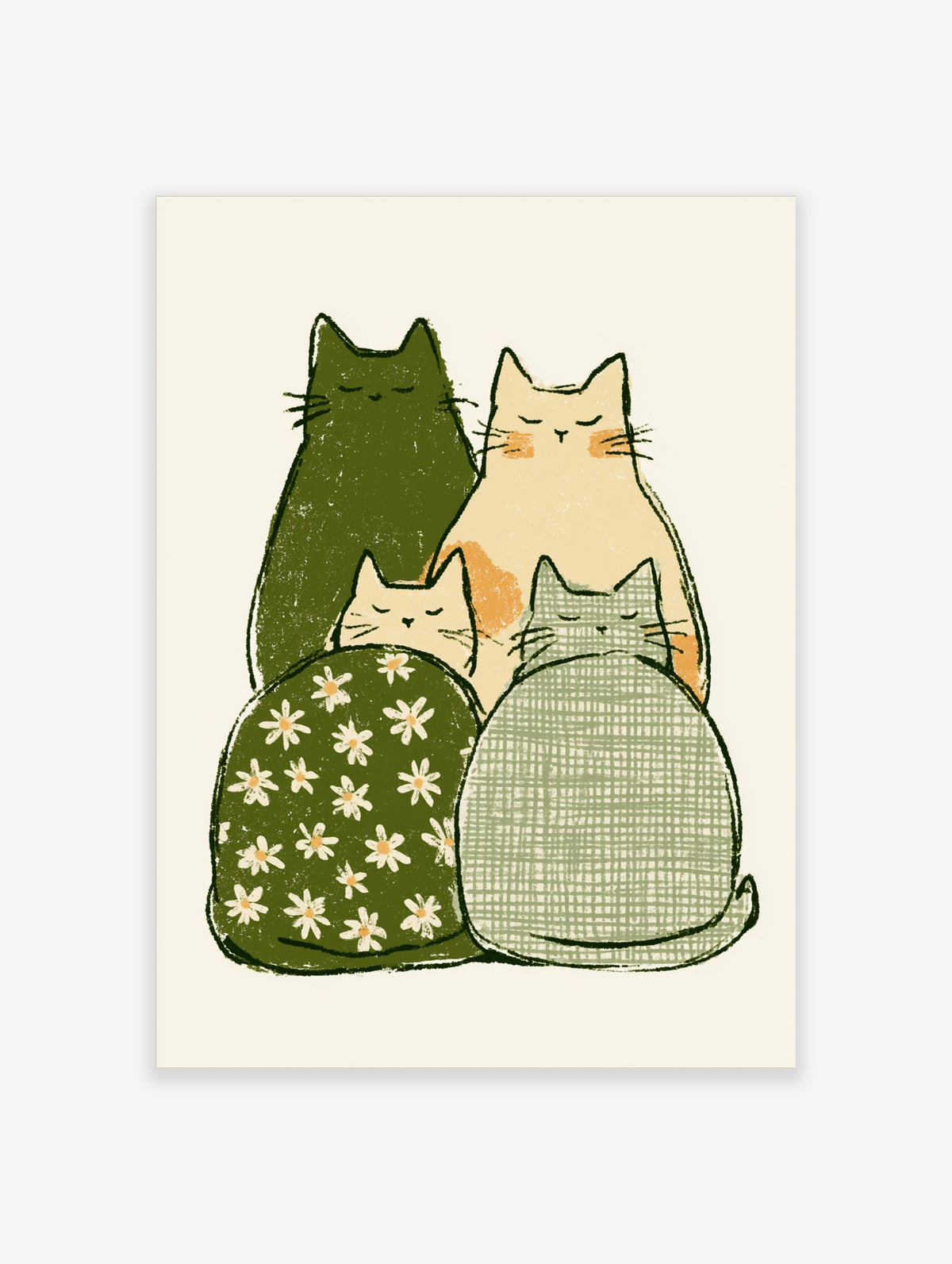 Green cat art print with four sleeping cats in olive, cream, and floral patterns
