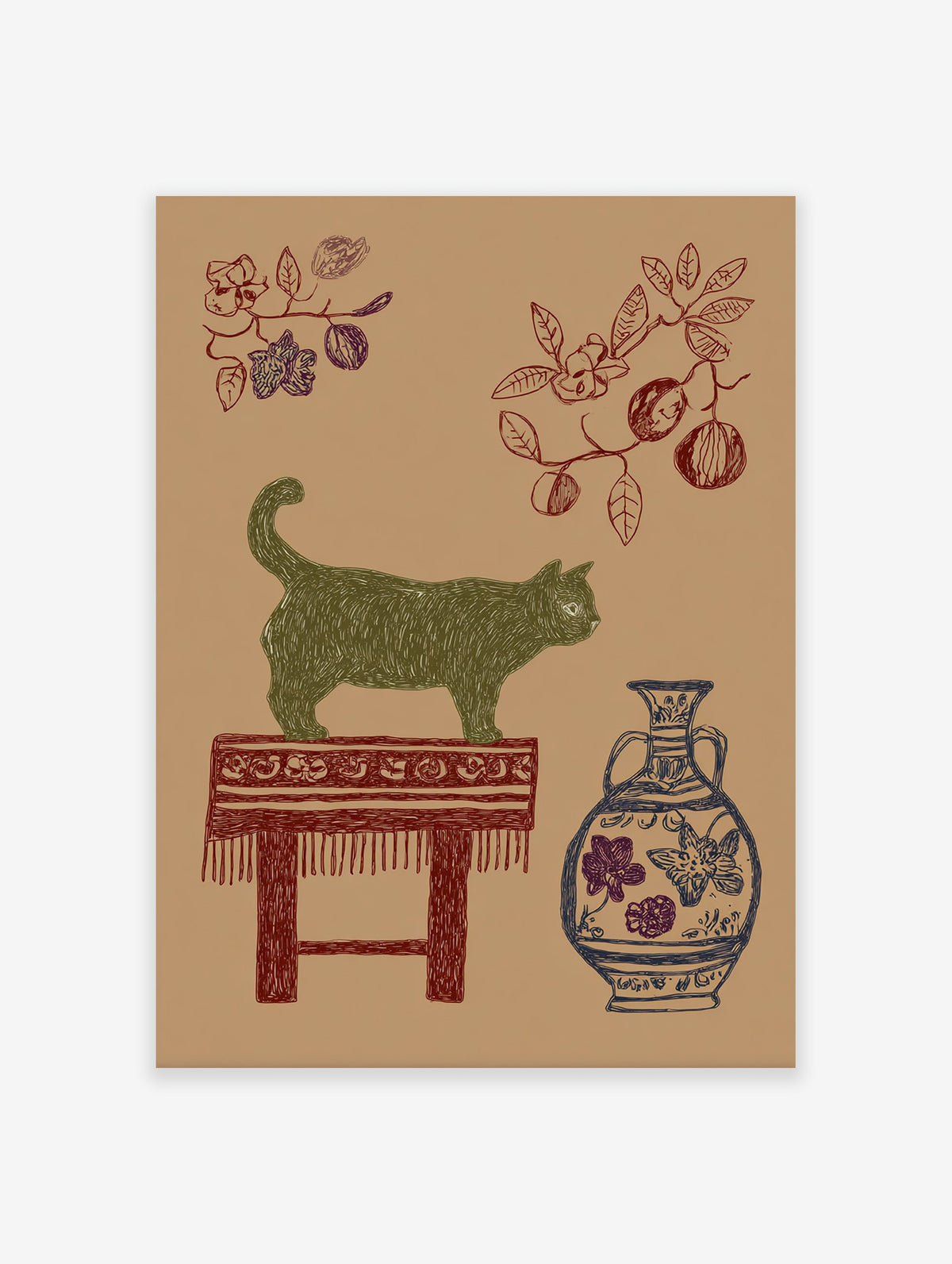 Green cat wall art illustration on a brown background, with a red stool, blue vase, and botanical branches.