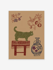 Green cat wall art illustration on a brown background, with a red stool, blue vase, and botanical branches.