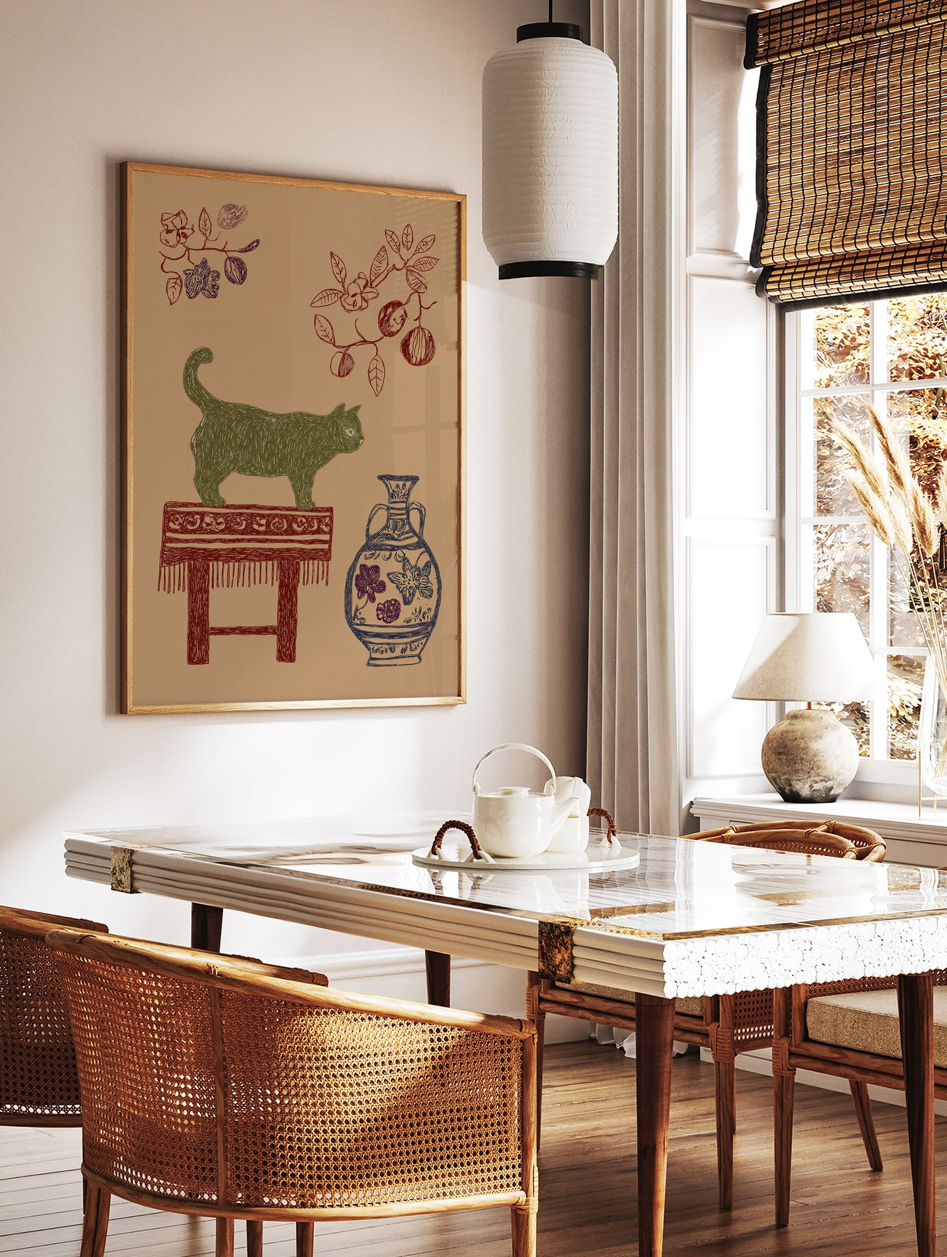 Green cat wall art illustration on a brown background, with a red stool, blue vase, and botanical branches. - Image 2