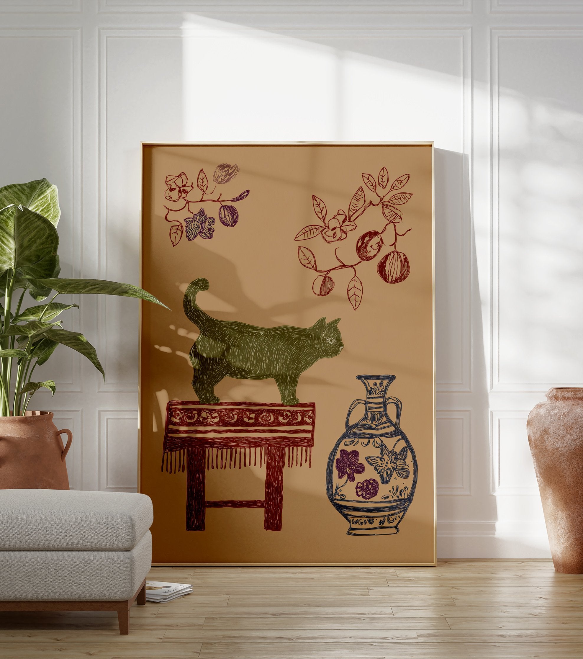 Green cat wall art illustration on a brown background, with a red stool, blue vase, and botanical branches. - Image 3
