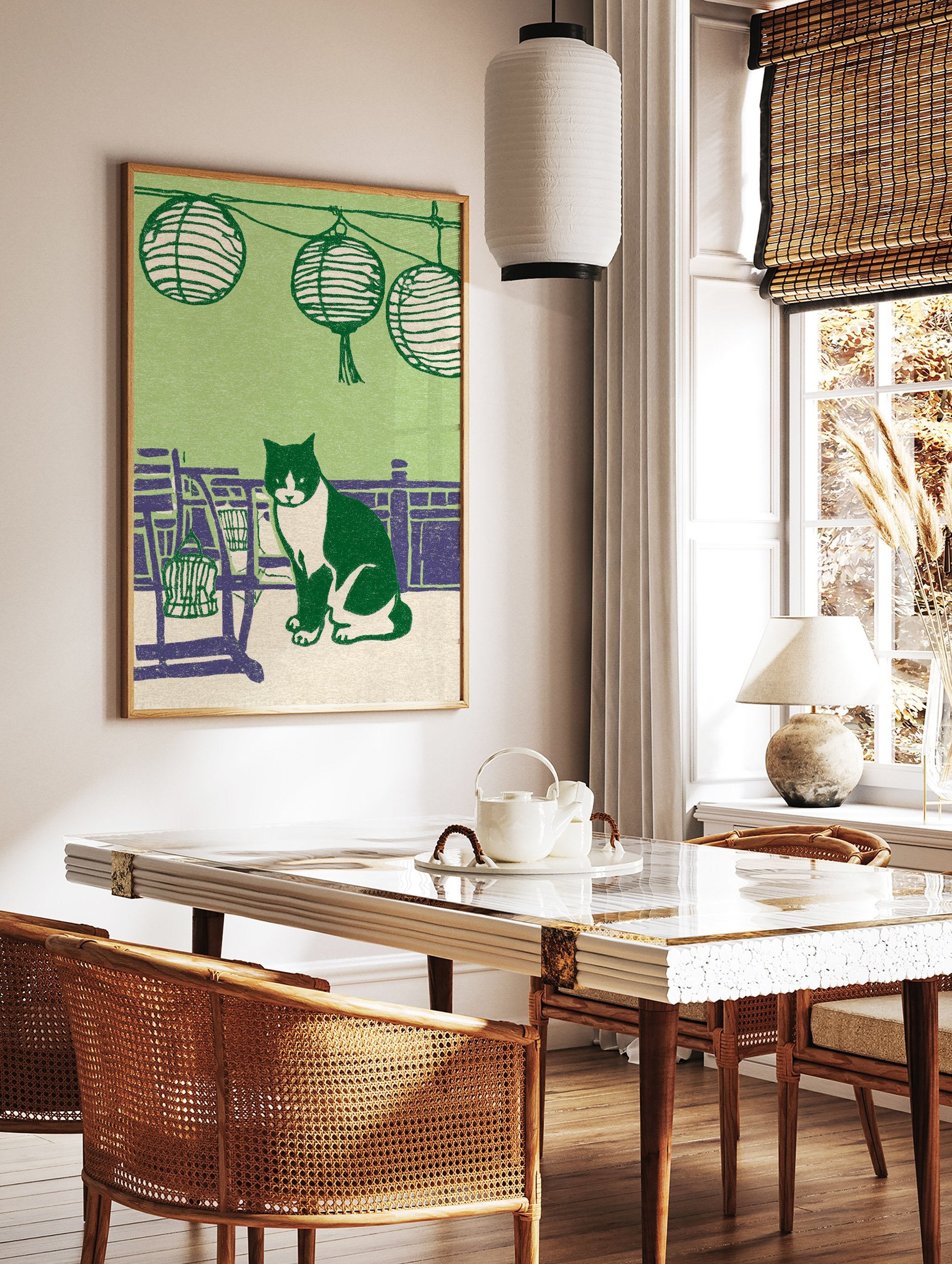 Illustrative green cat print featuring a black and white tuxedo cat sitting among purple furniture and Japanese lanterns. - Image 2