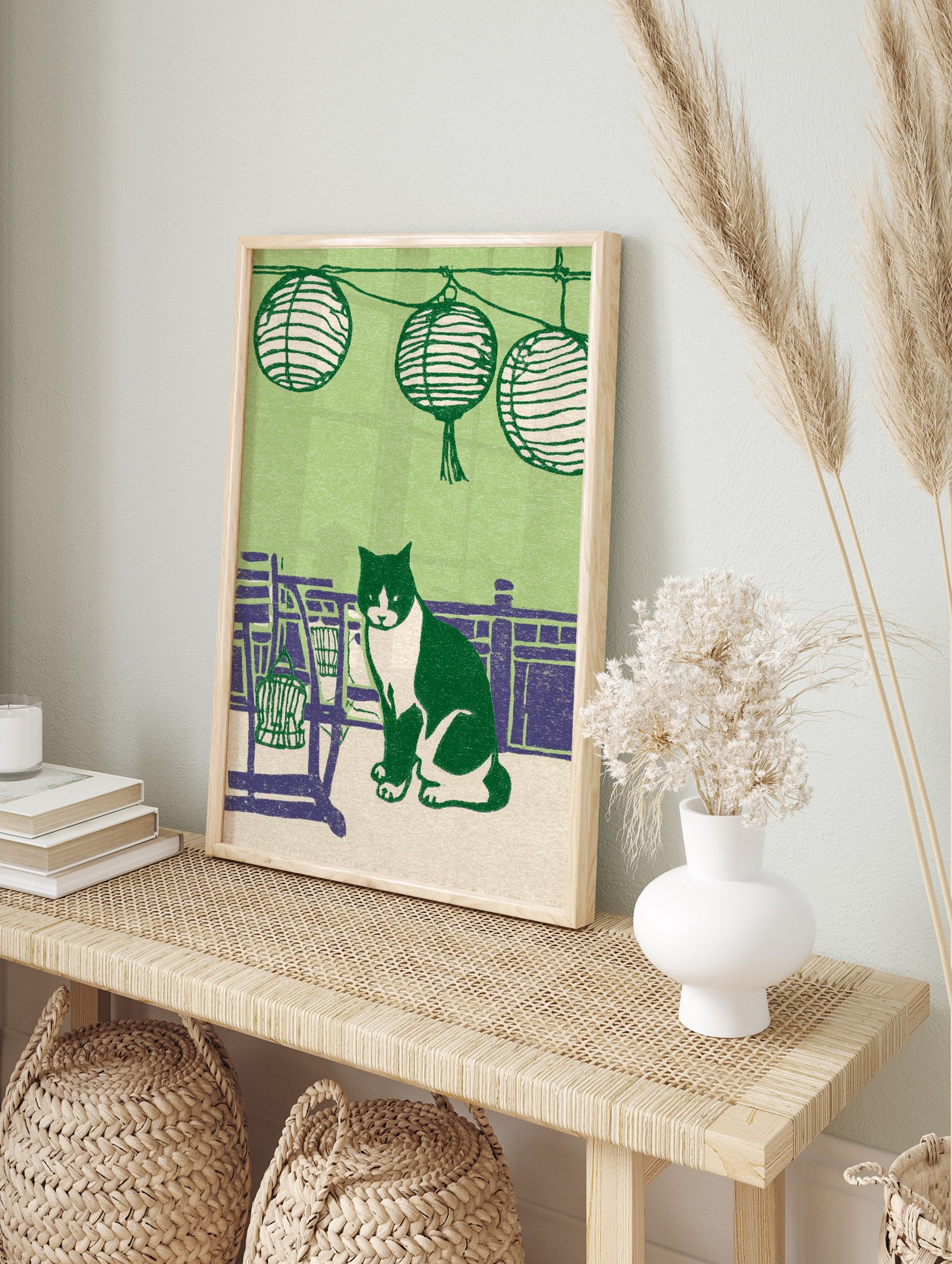 Illustrative green cat print featuring a black and white tuxedo cat sitting among purple furniture and Japanese lanterns. - Image 3
