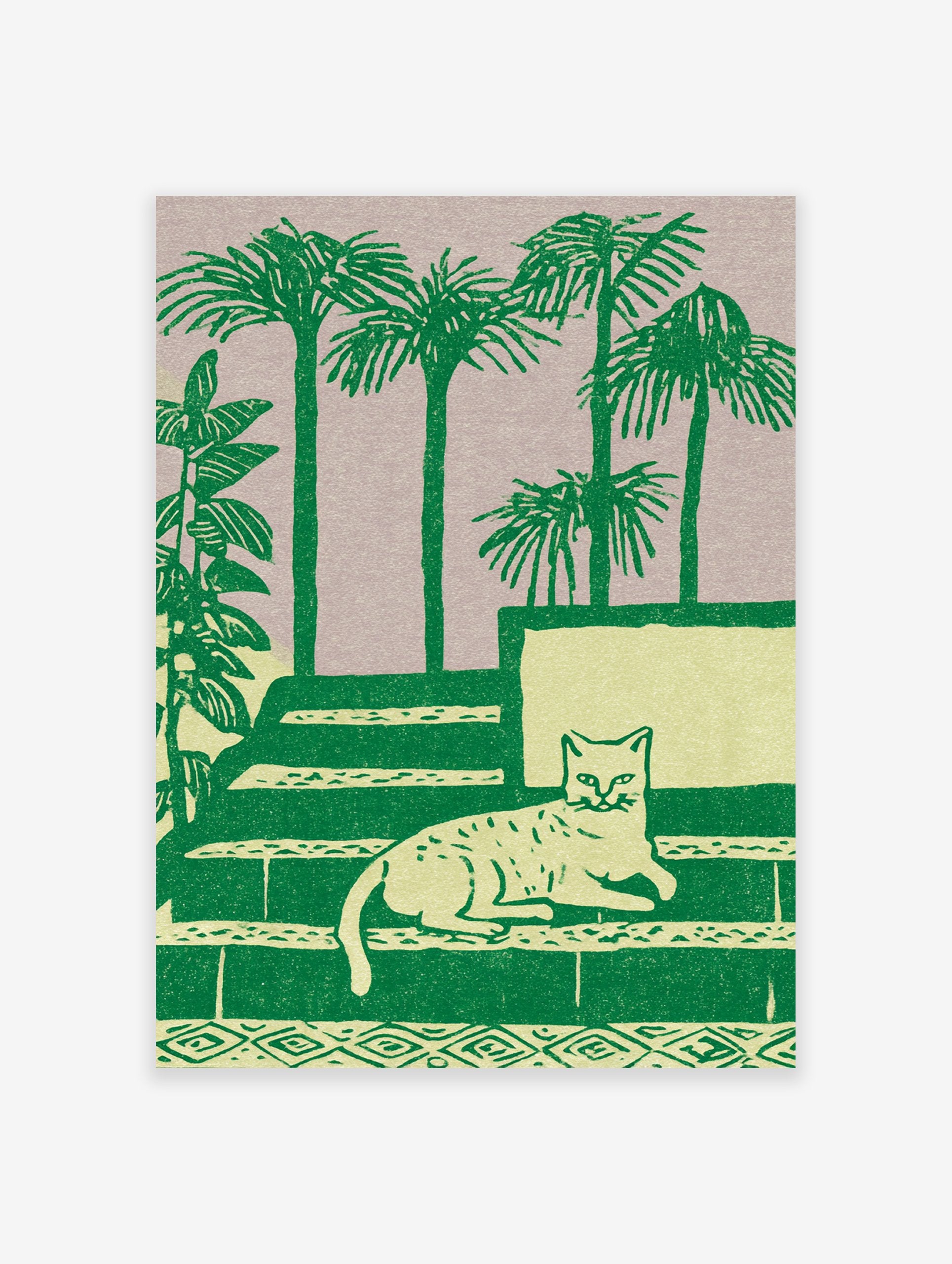 Green cat wall art illustration with a cat lying on steps, surrounded by palm trees and plants on a light purple background.