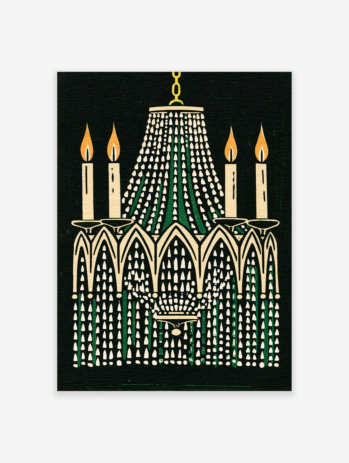 Green chandelier wall art with candles, gothic arches, and teardrop beads on dark background