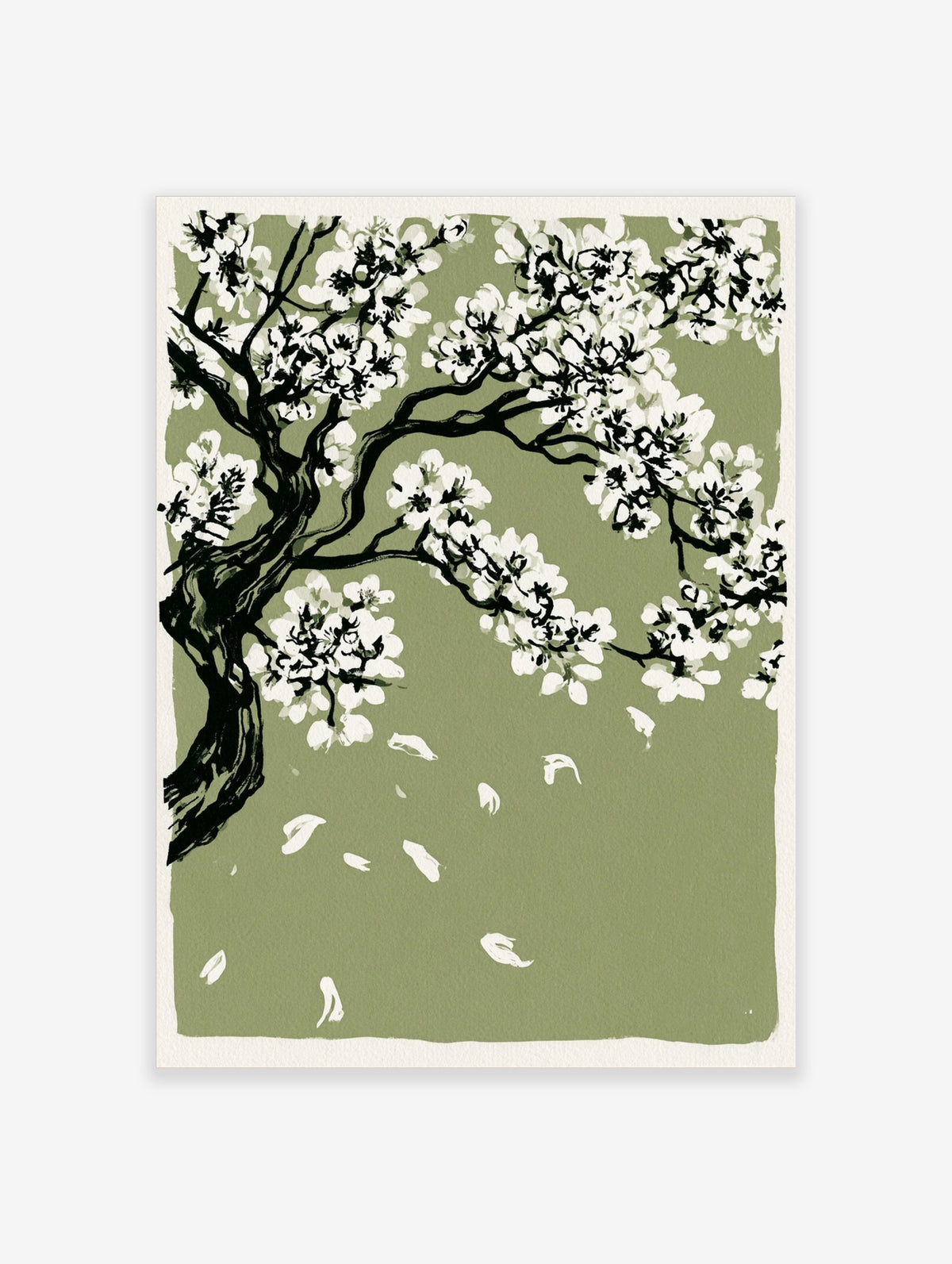 Green cherry blossom art print with white flowers, black branches, and falling petals