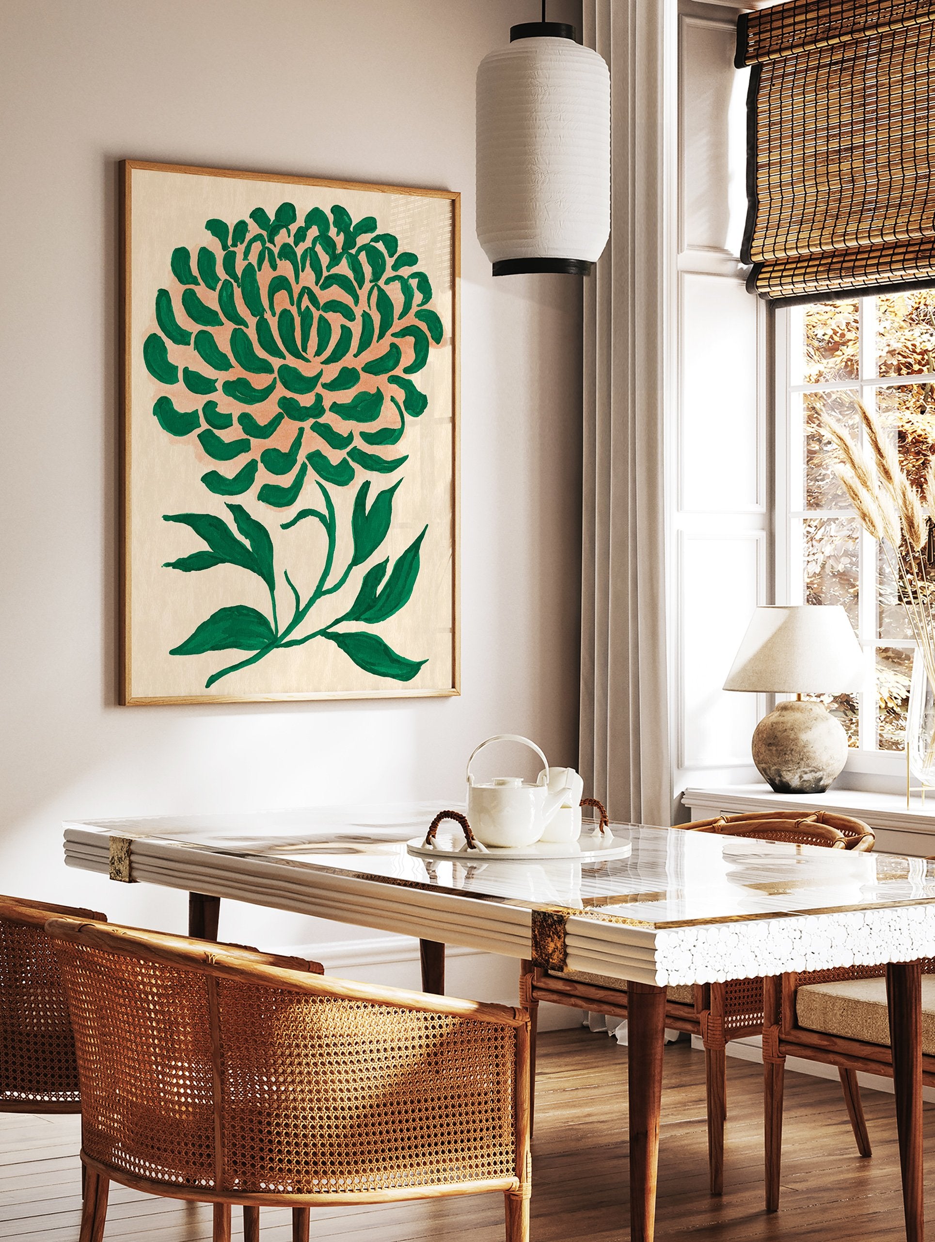 Abstract green chrysanthemum flower botanical art print with thick brushstrokes on a light peach background. - Image 2