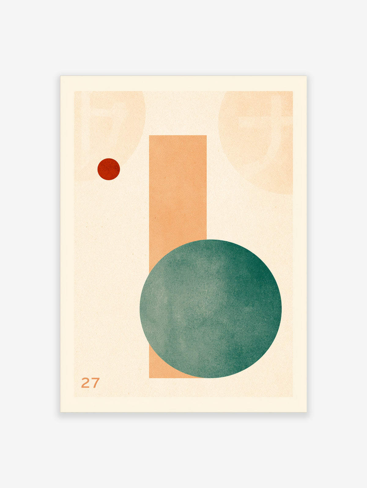 Minimalist abstract print with teal green circle, orange rectangle, red dot, and number 27 on cream background